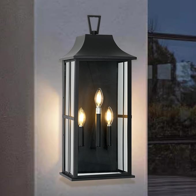 Patio Wall Light Fixture Outdoor Wall Lighting, 25" Large Outside Modern Wall Sconce Lantern, Industrial Porch Light Wall Mount, Waterproof Farmhouse Exterior Lamp 3-Light,Bulbs Not Included