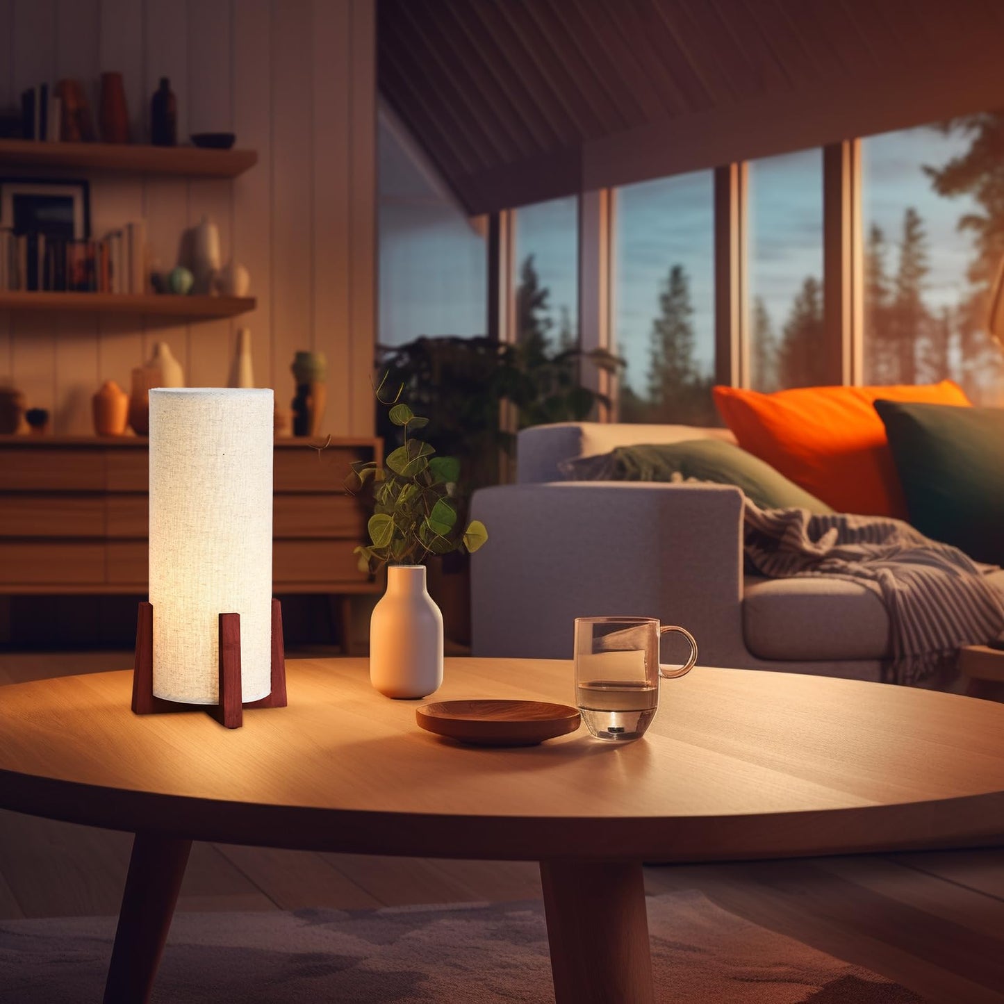 KUNJOULAM Modern Small Table Lamps, Nightstand Lamp with Linen Fabric Shade, 13.9" Cylinder Bedside Table Lamp for Bedroom, Cafe, Living Room Home Decor
