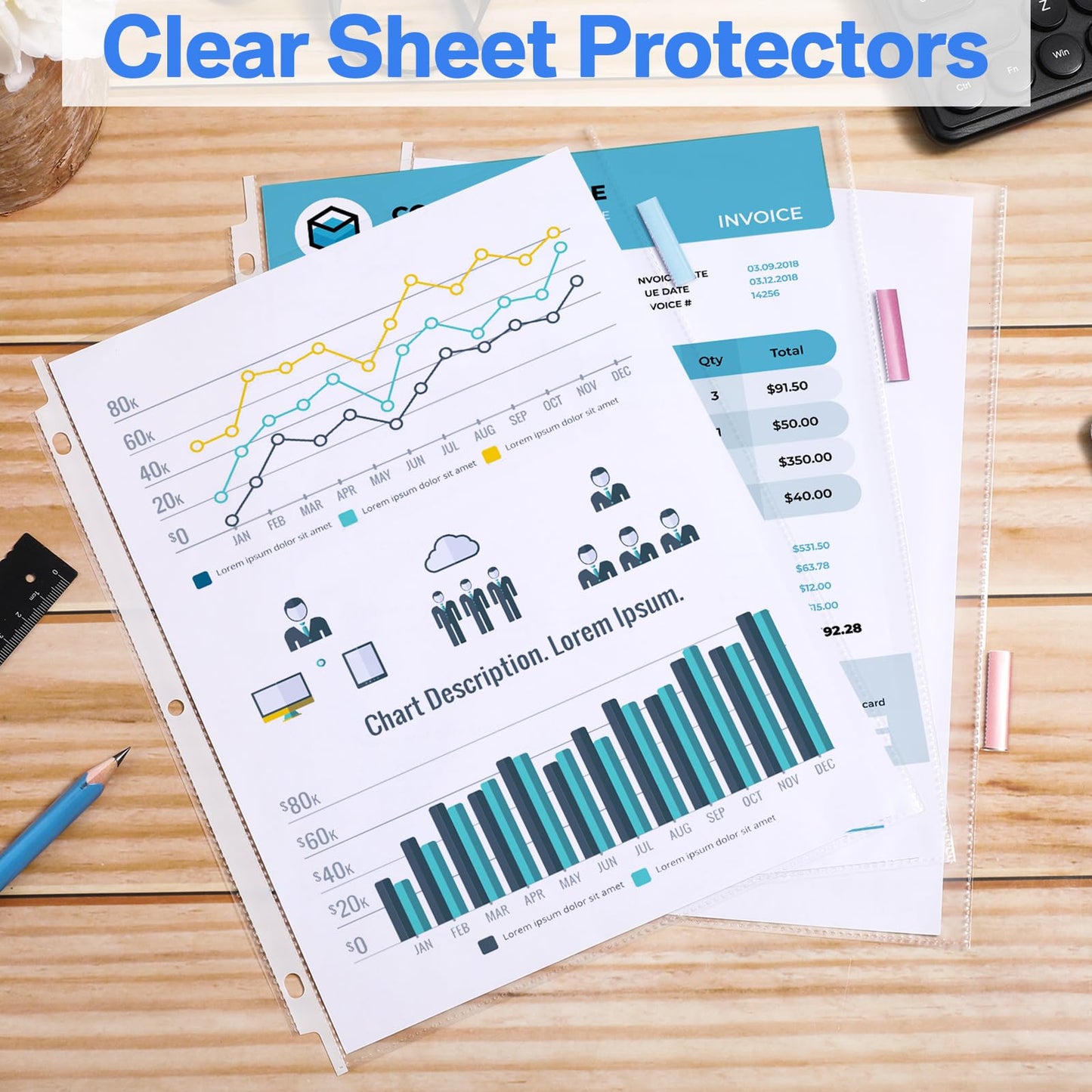 ReliThick 6 Set of 48 Pack Clear Sheet Protectors for 3 Ring Binder with 8 Tab Divider, Letter Size 8.5 x 11 Inch Plastic Sleeves Page Protector for Documents Photos School Office Home Organization