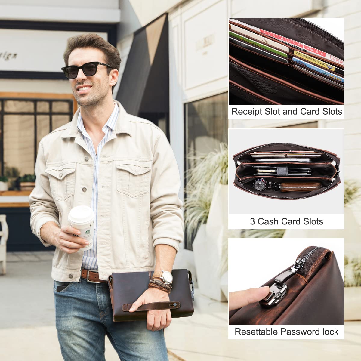 Leather Men Clutch Purse Bag, Mens Business Code Lock Wallet Anti Theft Clutch Purse Phone Holder Handbag Travel Bag