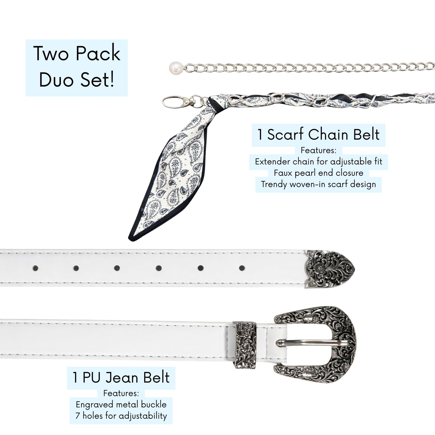 Women’s 2-Pack Belts – Faux Leather Skinny Jean Belt and Scarf Chain Belt – Stylish Waist Accessories for Everyday Wear (White with White Scarf Belt, S/M)