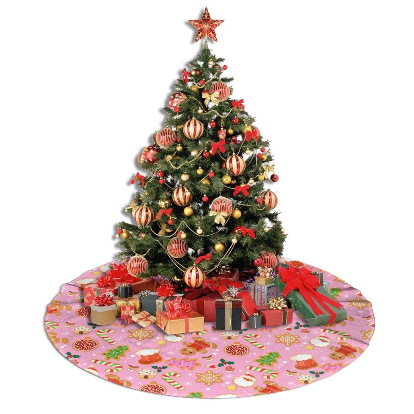Cute Pink Christmas Cookies Tree Skirt 48 Inches Gingerbread Man Sugar Candy Cane Santa Claus Tree Skirts Xmas Mat Farmhouse Holiday Party New Year Supplies Ornaments Decorations