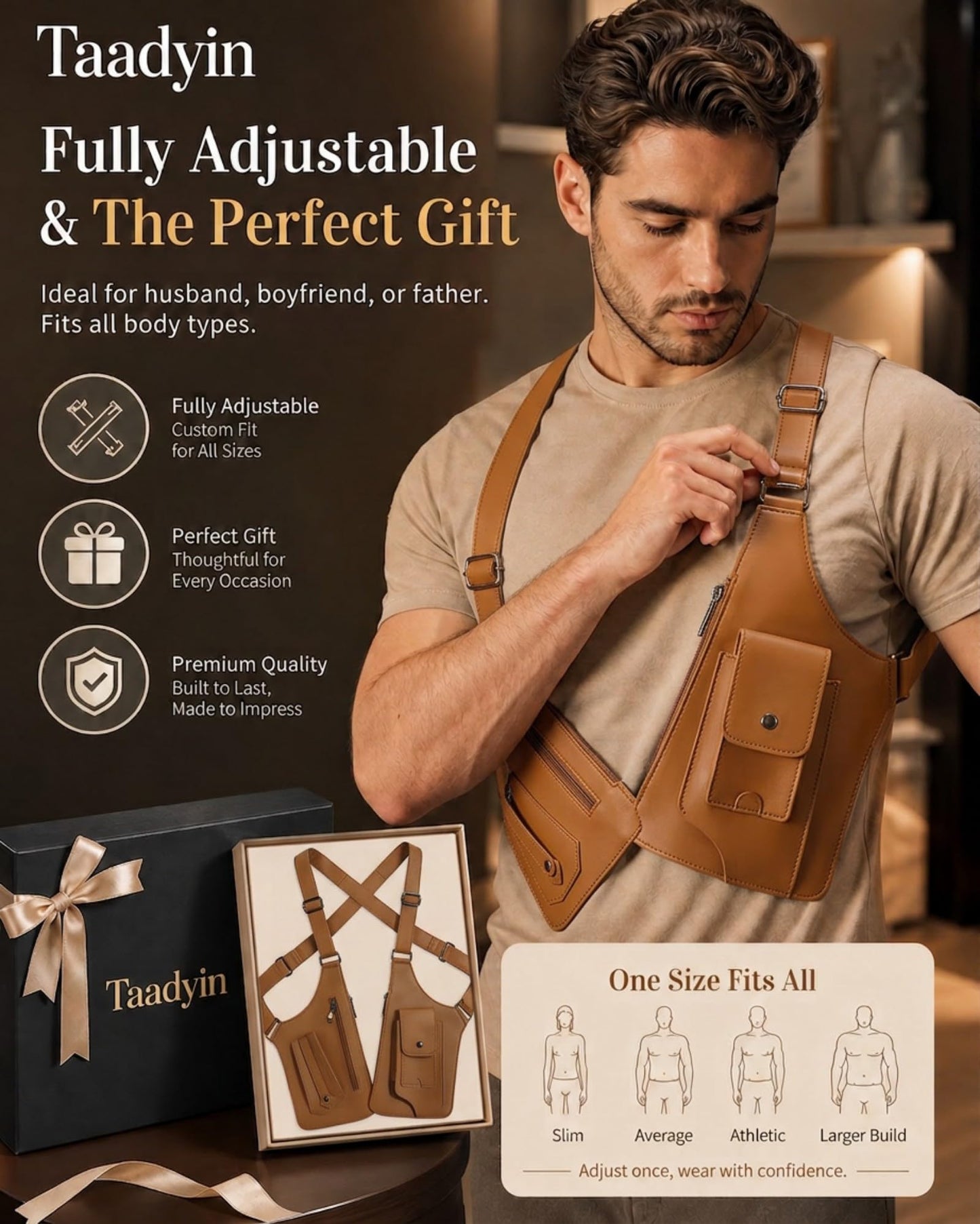 Taadyin Large Double Shoulder Armpit Bag for Men, PU Leather Anti-Theft Underarm Holster Shoulder Wallet for Travel Cycling (Brown)