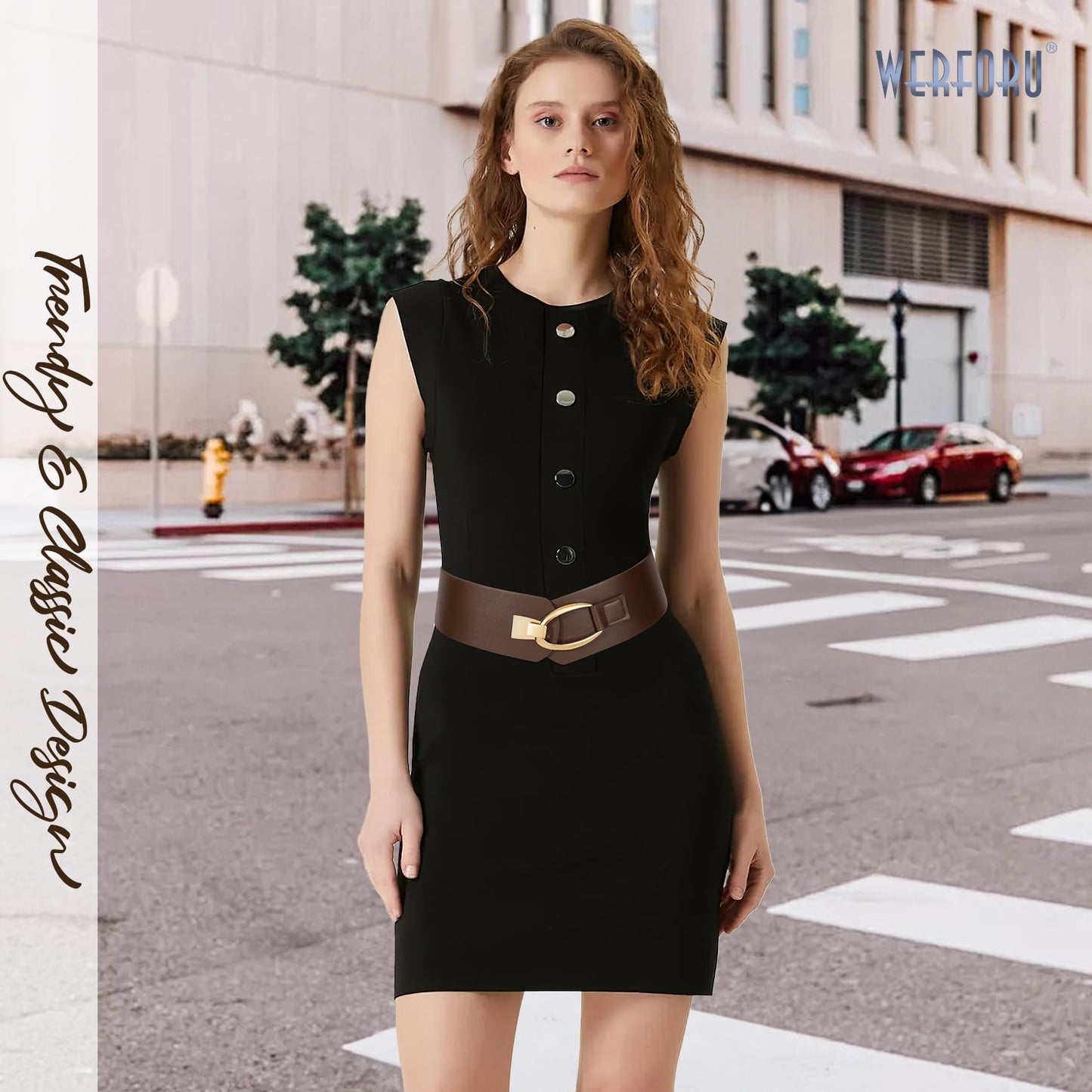 WERFORU Women Wide Elastic Belt Women Fashion Wide Belt with Gold Buckle Ladie Thick Waistbelt for Dresses