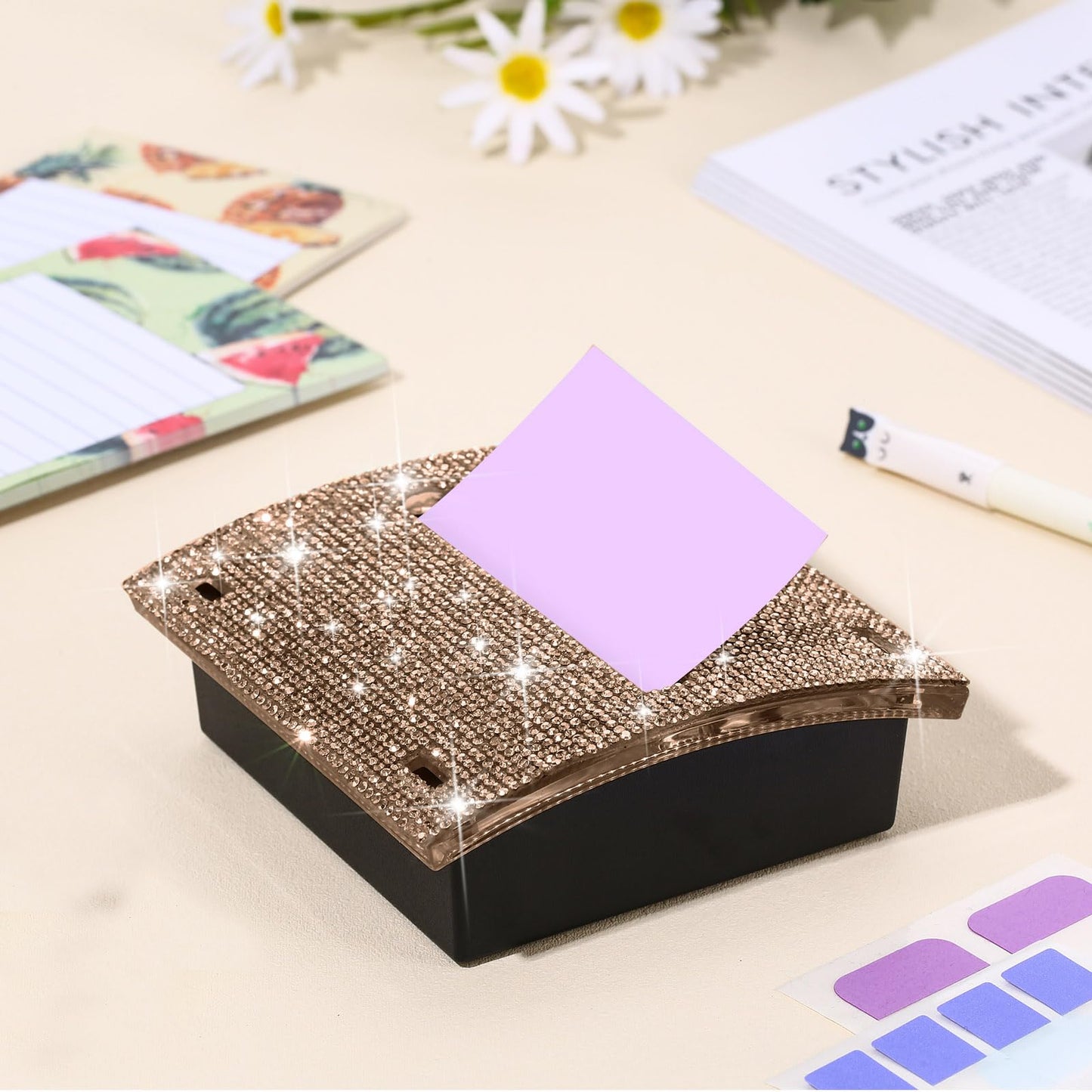 Eersida Rhinestone Self Stick Note Pad Holders 4 x 4 Inches Gold Cute Note Holder Sticky Dispenser Bling Memo Stick Dispenser for Office Employee Coworkers Gifts Home Desk Supplies