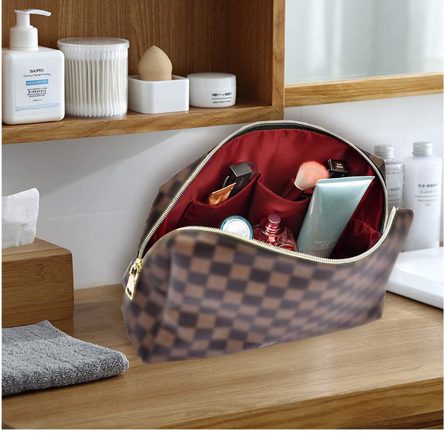 BAGCRAZY Checkered Makeup Bag Set, Elegant Travel Cosmetic Bag 2 Pack, Waterproof PU Leather Makeup Organizer with Zipper for Women