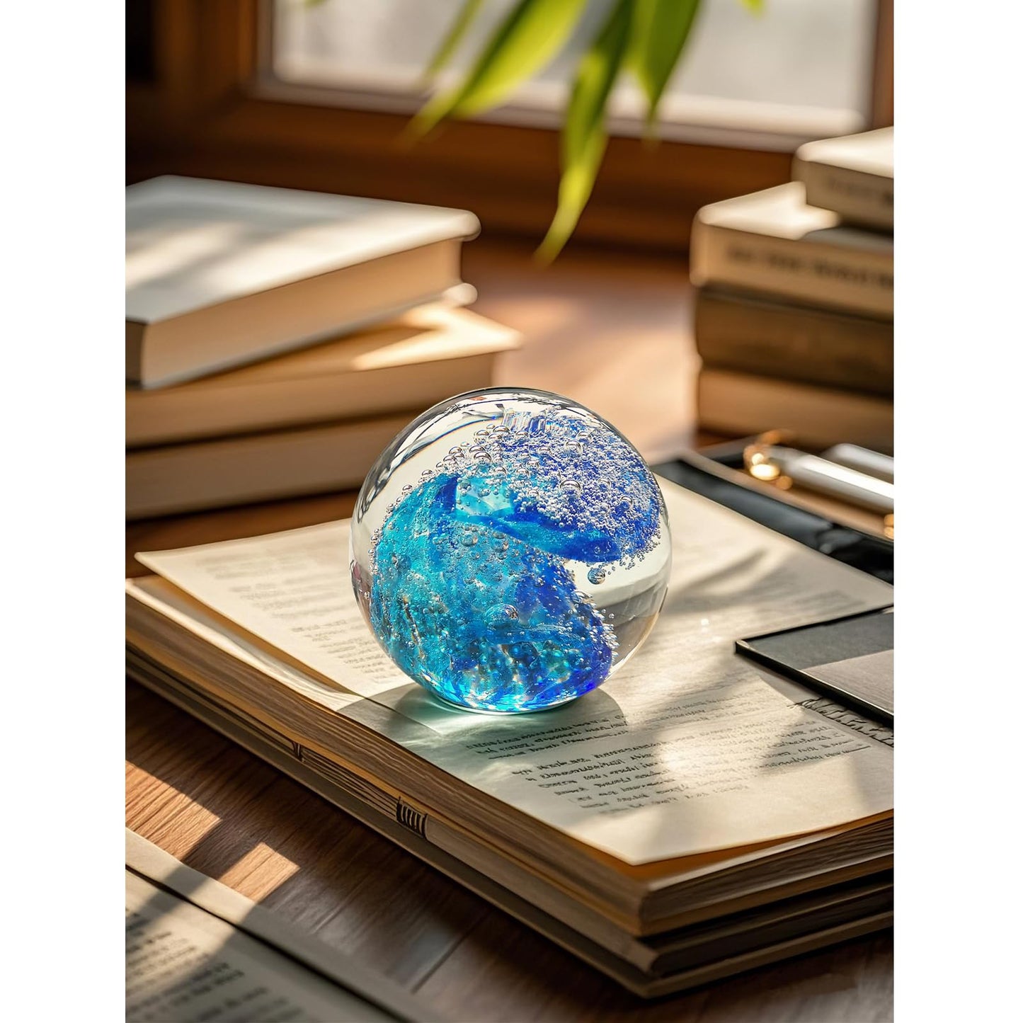 JUYOULE Hand Blown Glass Decorative Balls:Unique Ocean Wave Design, Elegant Paperweights for Office Desk, Coastal Room Decor, Beach Bathroom Decor, Sea Glass Art, Ocean Gift Idea (Blue)