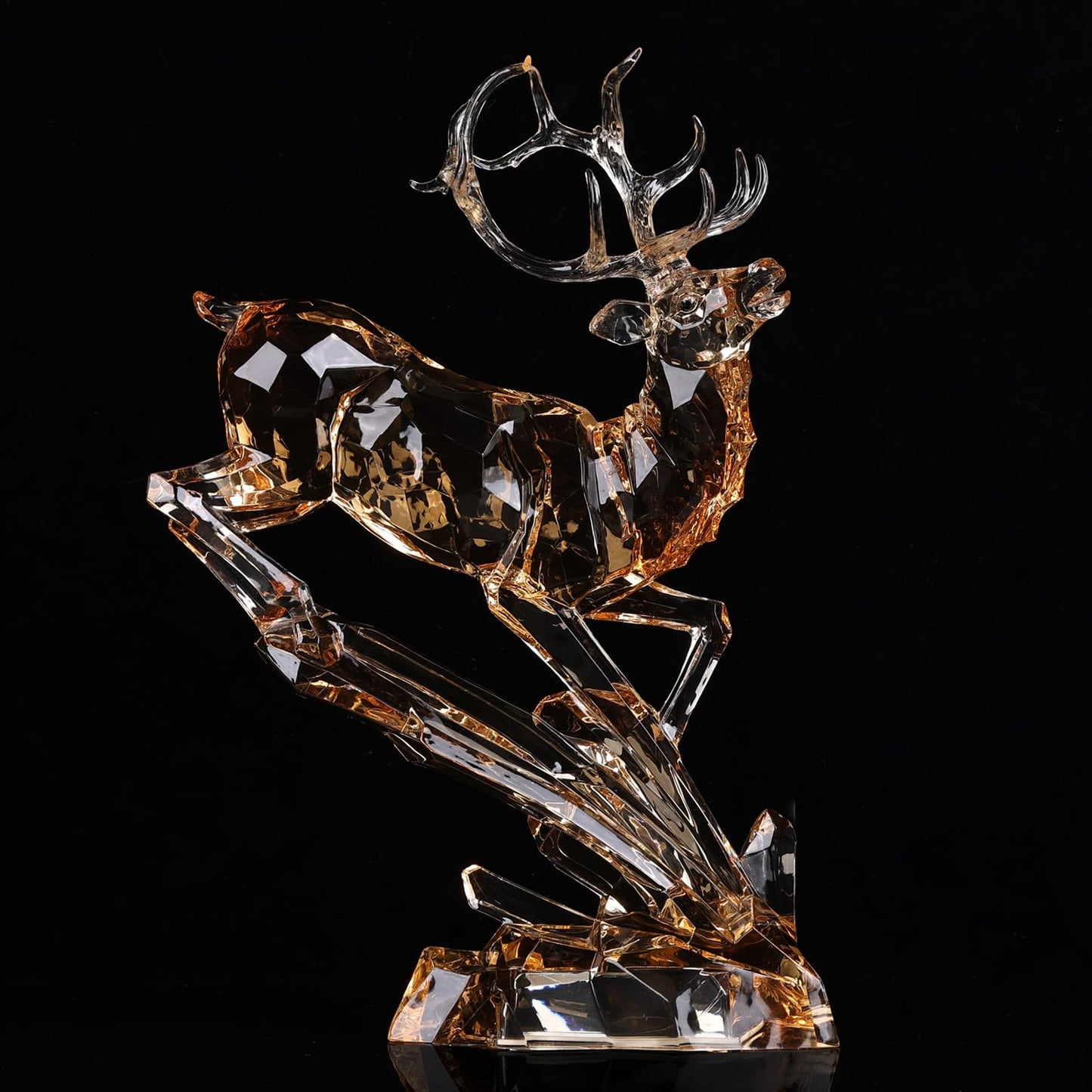 Luxury Acrylic Reindeer Figurine with LED Light for Christmas Decor, Elegant Transparent Crystal-Like Deer Sculpture for Table Shelf Mantel, Reindeer Ornament Holiday Centerpiece (Gold Jumping 11.8")
