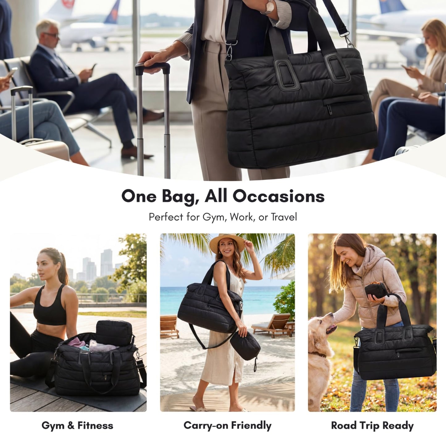 Puffer Weekender Bag for Women, Quilted Duffle Bag with Pouch, Water-Resistant Gym Bag, Large Tote Travel Bag for Hospital Nurse Diaper Bag, Lightweight Carry on Bag, Black