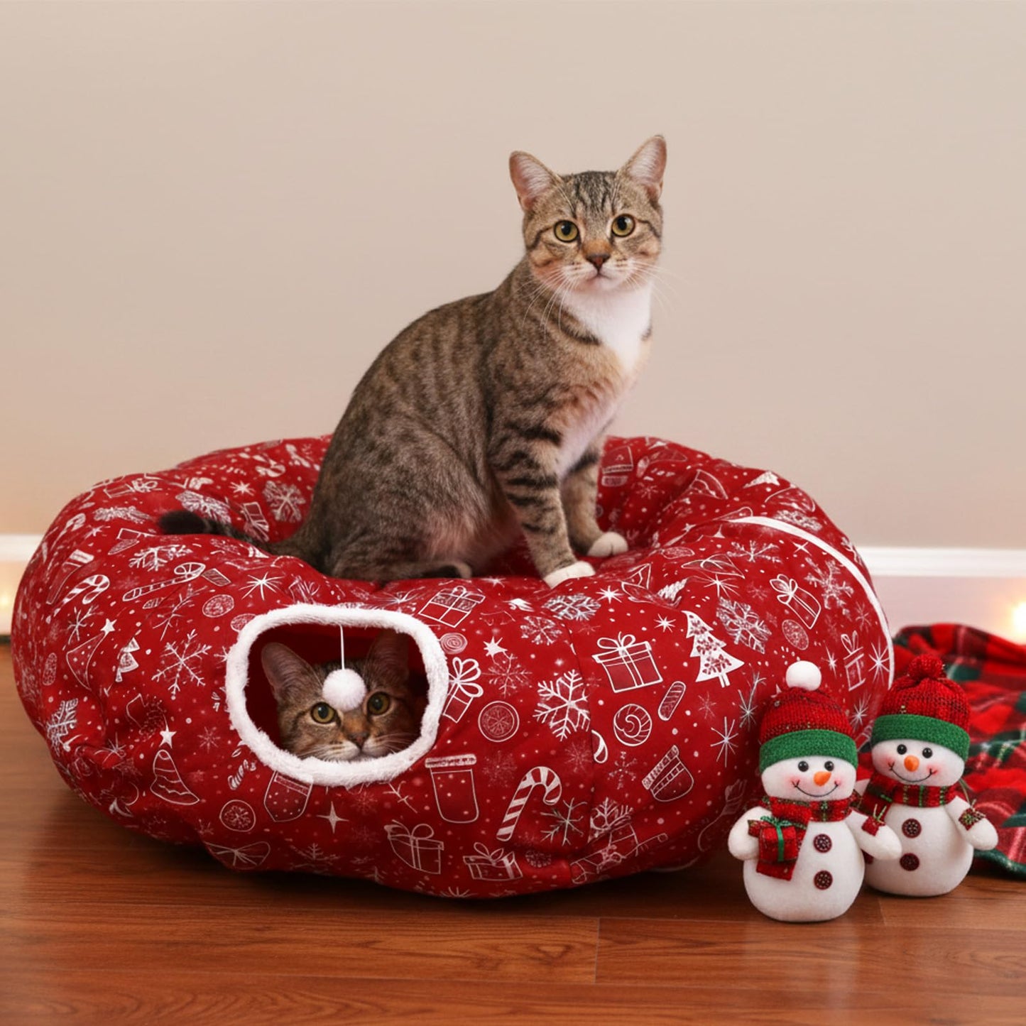 SilTriangle Cat Tunnel Christmas Tree Skirt Cat Donut Tunnel Bed for Indoor Cats with Ball Snowflake Collar Cats Cave for Small Medium Kitten Puppy Under Xmas Trees Decor Gift(Gift Box)