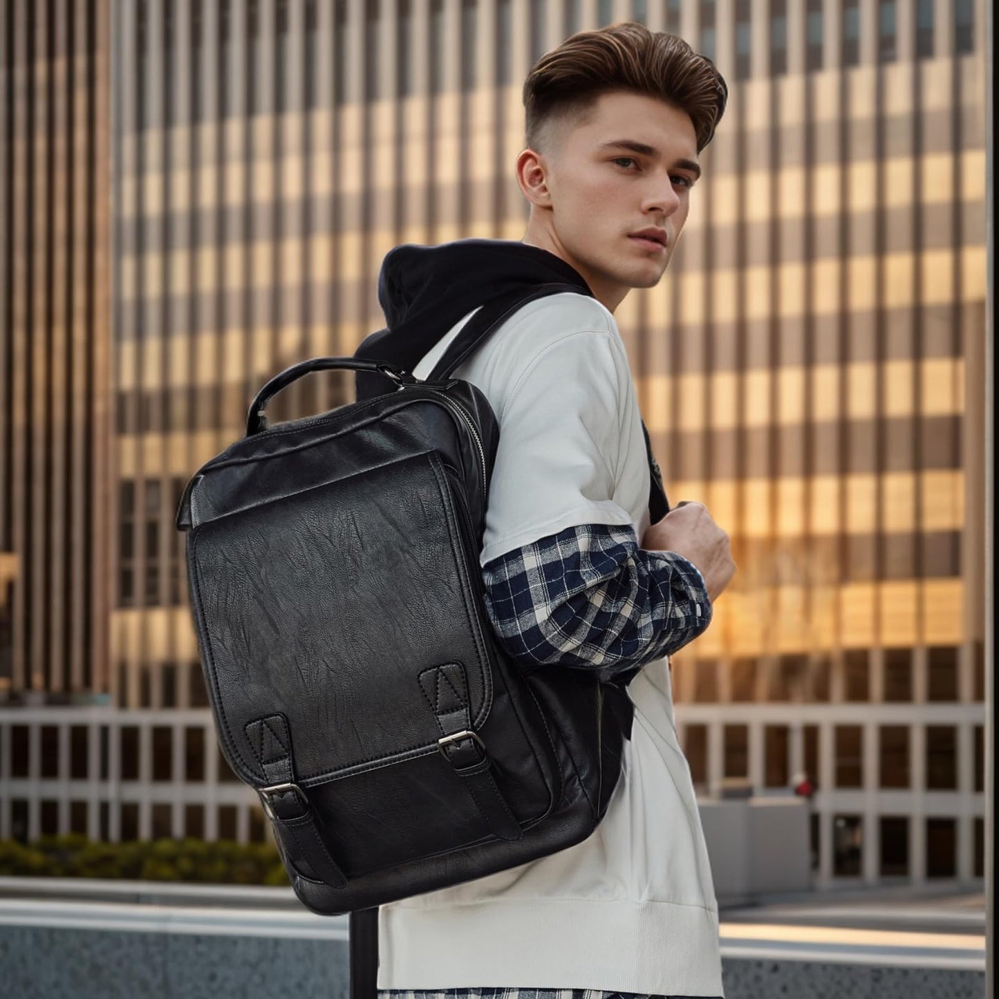 MOYYI Leather Backpack fits 15.6 Inch Laptop Vintage Backpack Waterproof Flap Bookbag for Men Leather Travel Backpack for Men Casual Knapsack Black