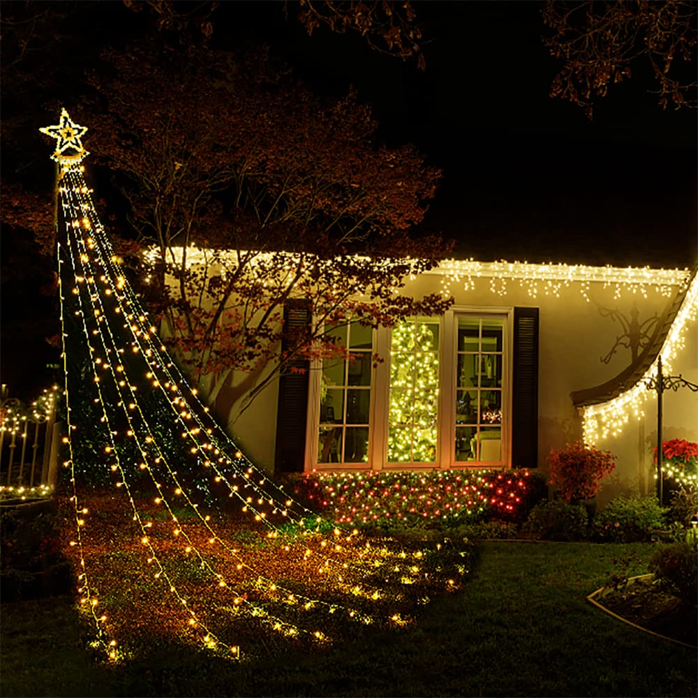 Aokudoni Christmas Lights Outdoor 12.6 ft 8-Lighting Modes Waterfall Xmas Lights Outdoor Christmas Decorations for Yard Tree House Holiday Party, Warm White