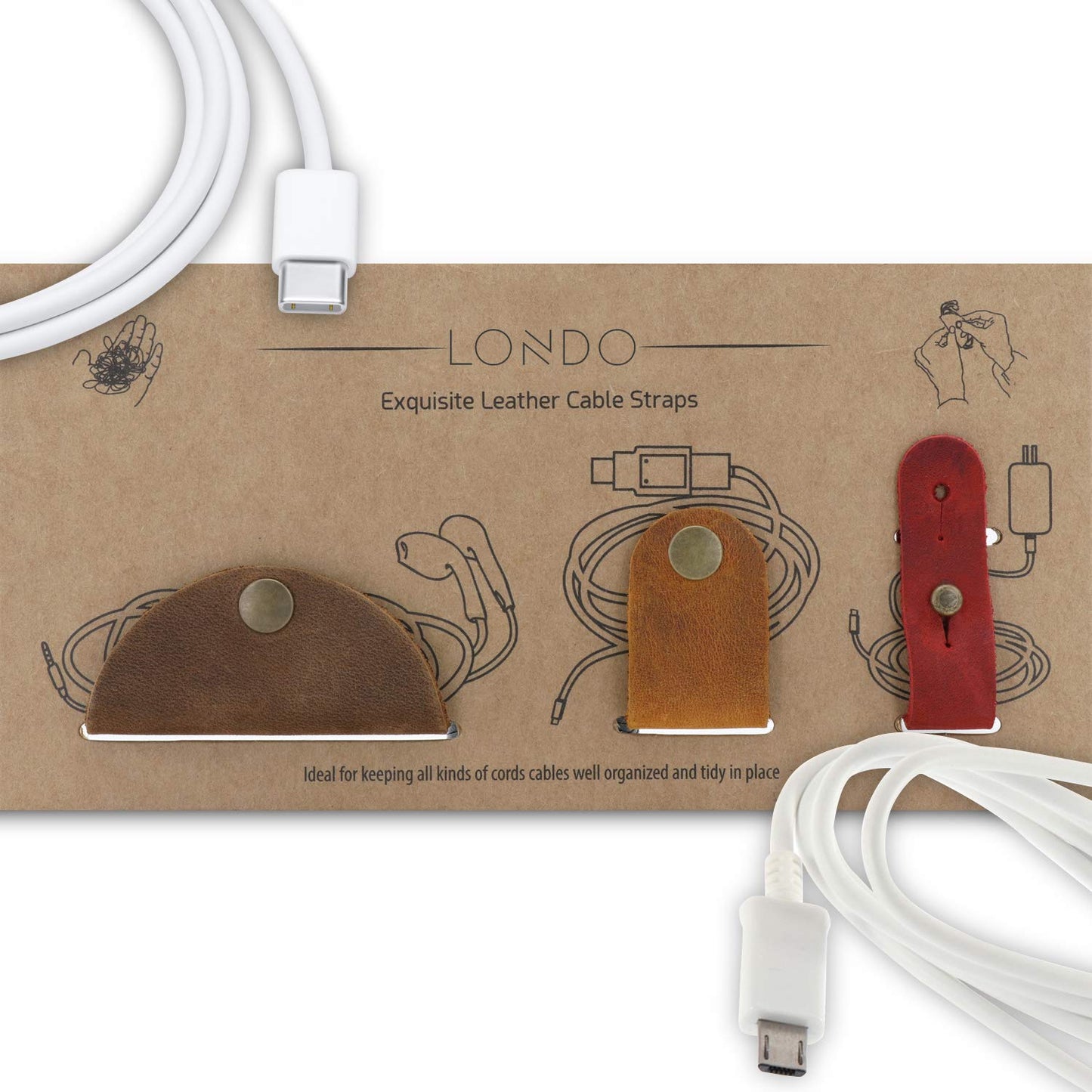 Londo Genuine Leather Headphone Earphone and General Cable Organizer Strap Set
