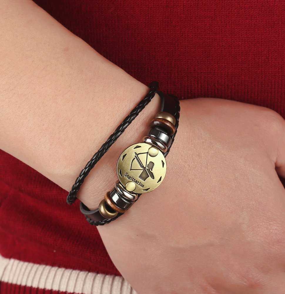 Hamoery Punk Alloy Leather Bracelet For Men Constellation Braided Rope Bracelet Bangle Wristband(Sagittarius)