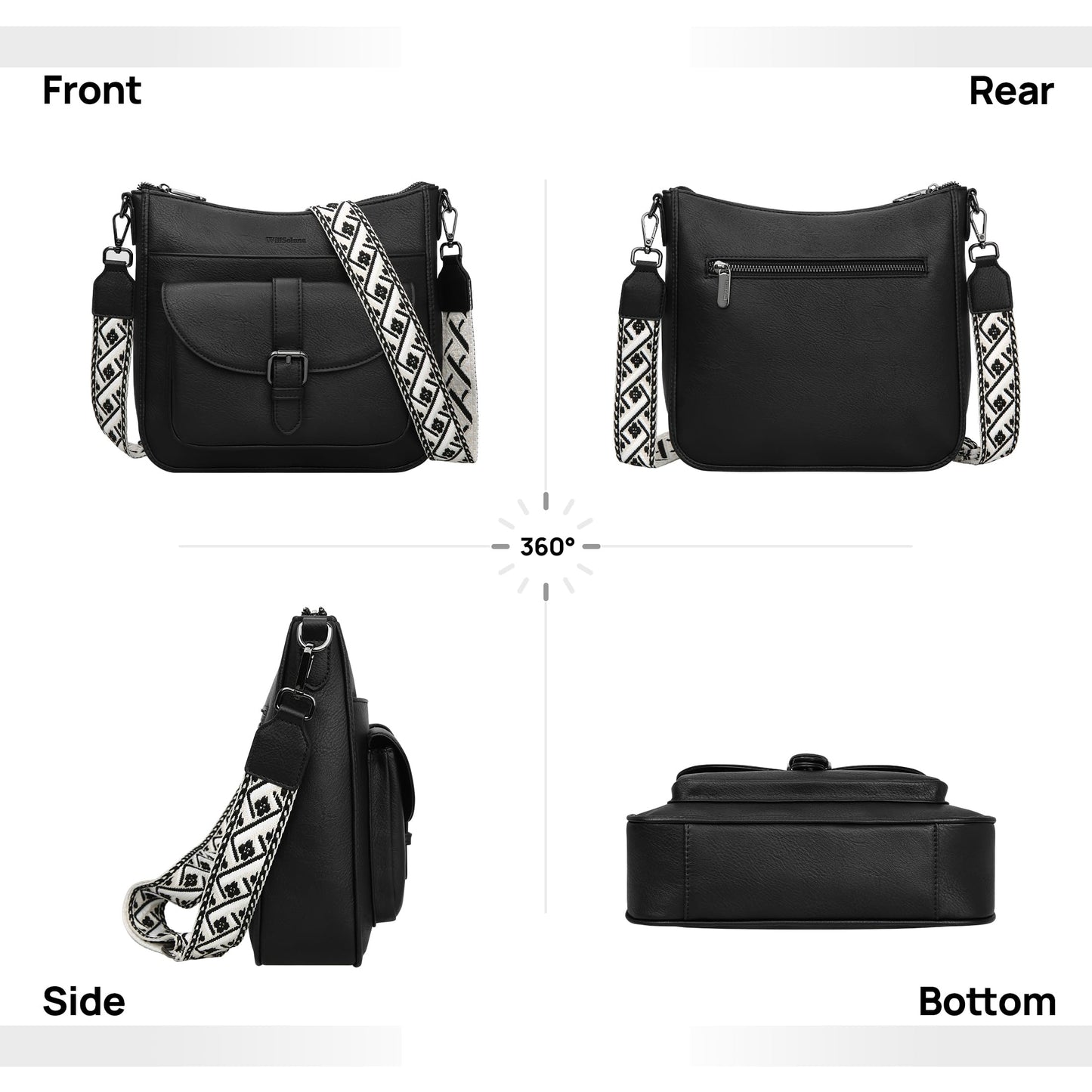 WILLSOLUNA Crossbody Bags for Women Leather Purses Medium Hobo Shoulder Handbags Anti Theft Travel Purse with Wide Strap(Black)