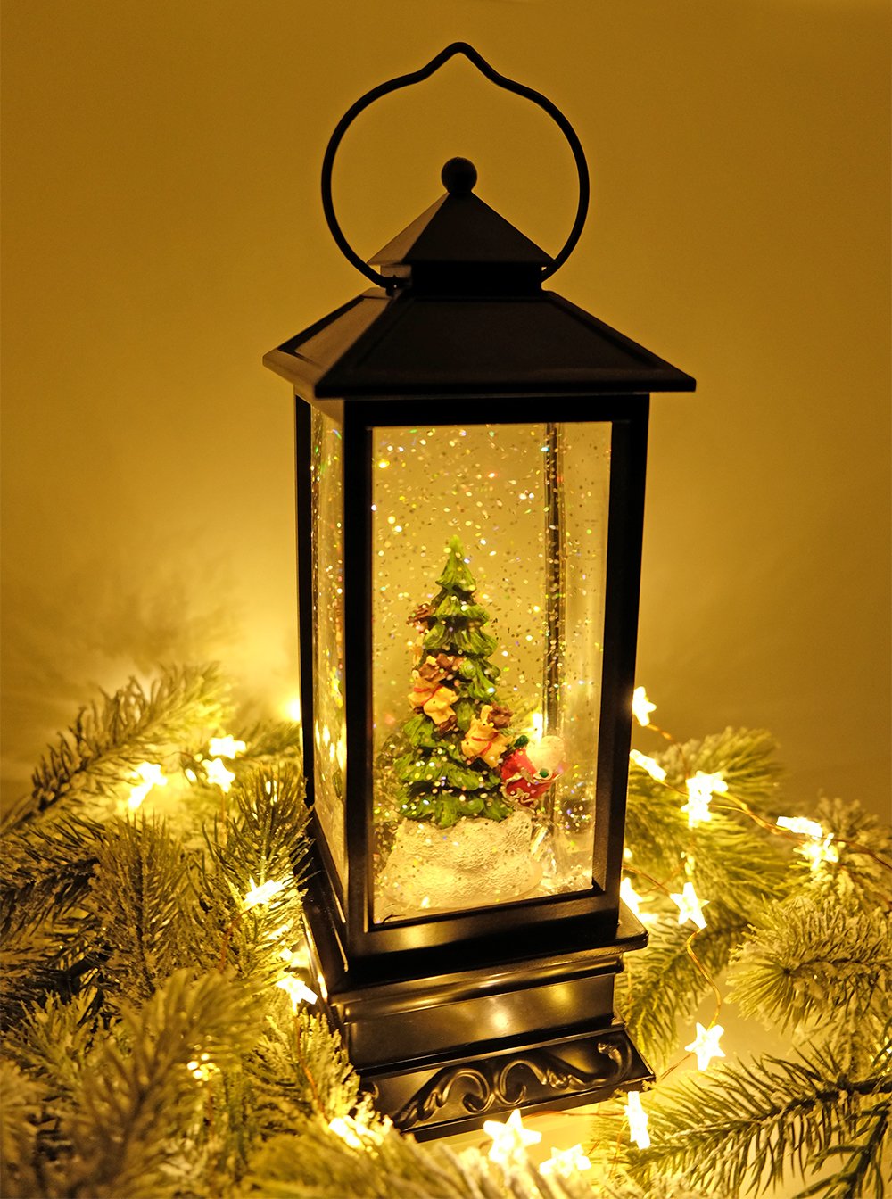 Wondise Lighted Musical Snow Globe Lantern with 6 Hour Timer, 12 Inches USB Powered & Battery Operated Spinning Water and Swirling Glitter Christmas Snow Globe Lantern Gifts(Santa and Tree)