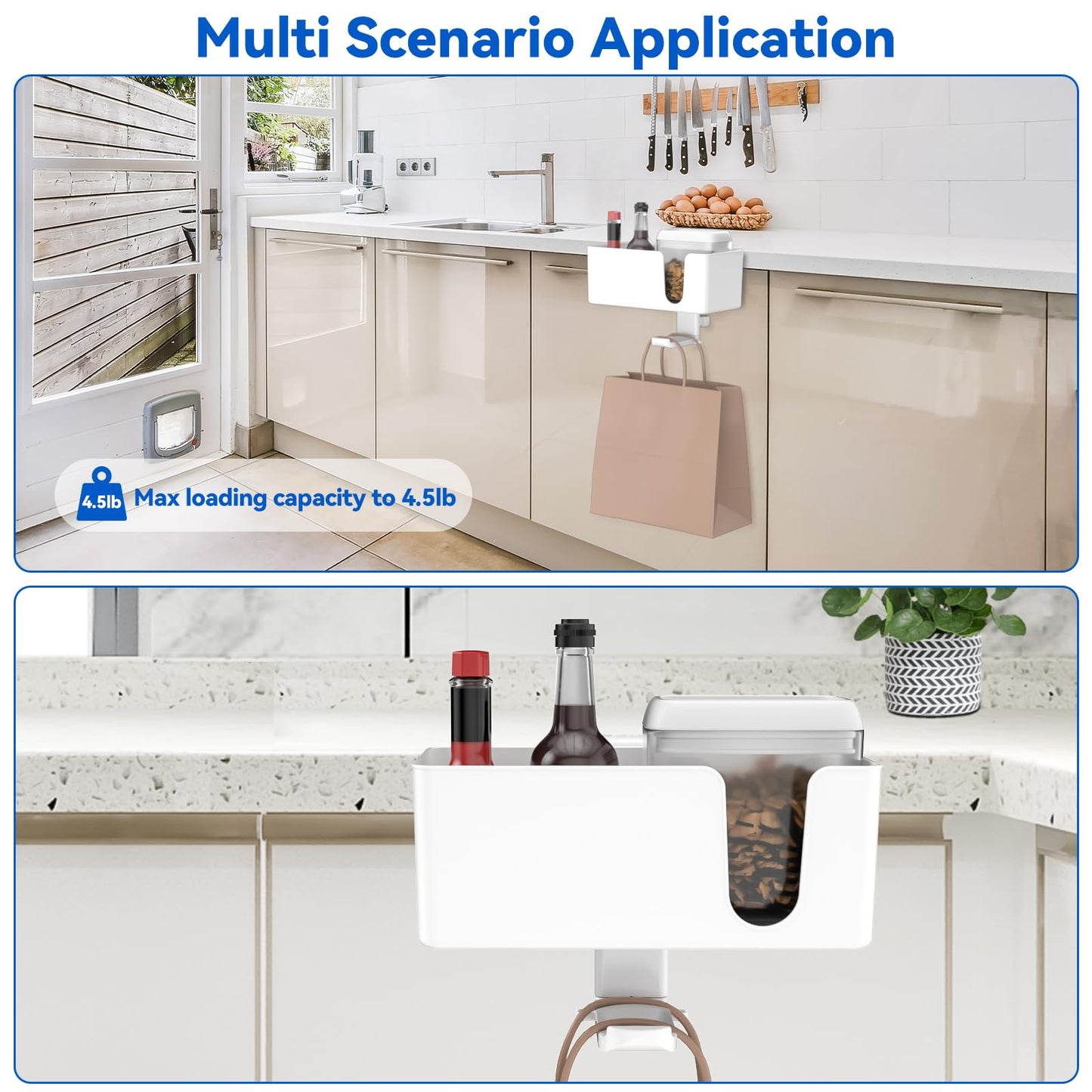KDD 4-in-1 Desk Organizer - Under Desk Cup Holder and Headphone Hanger with 2 Wire Holes - Rotating Hanger and Detachable Storage for Cup, Phone and Pen (White)