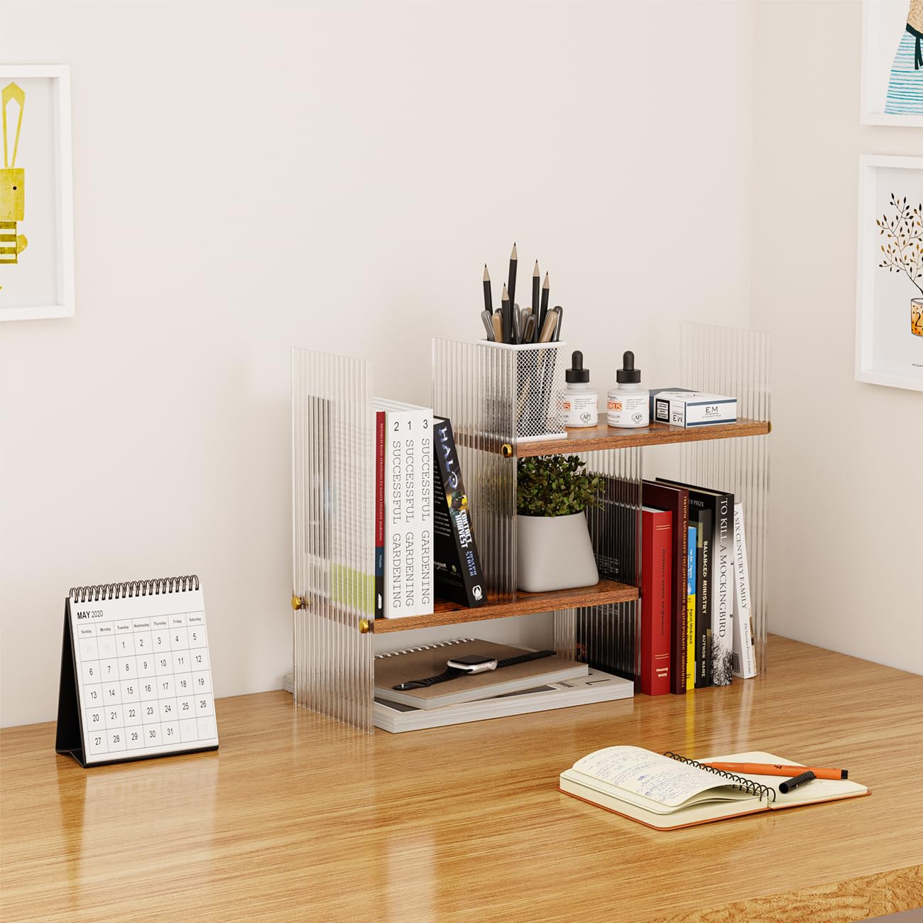 BYCY Double H Display Bookshelf Desktop Organizer Office Storage Rack Desk Expandable Wood Display Shelf with Acrylic Side Board Free Style Display Adjustable Stackable for Home Office (Black Brown)