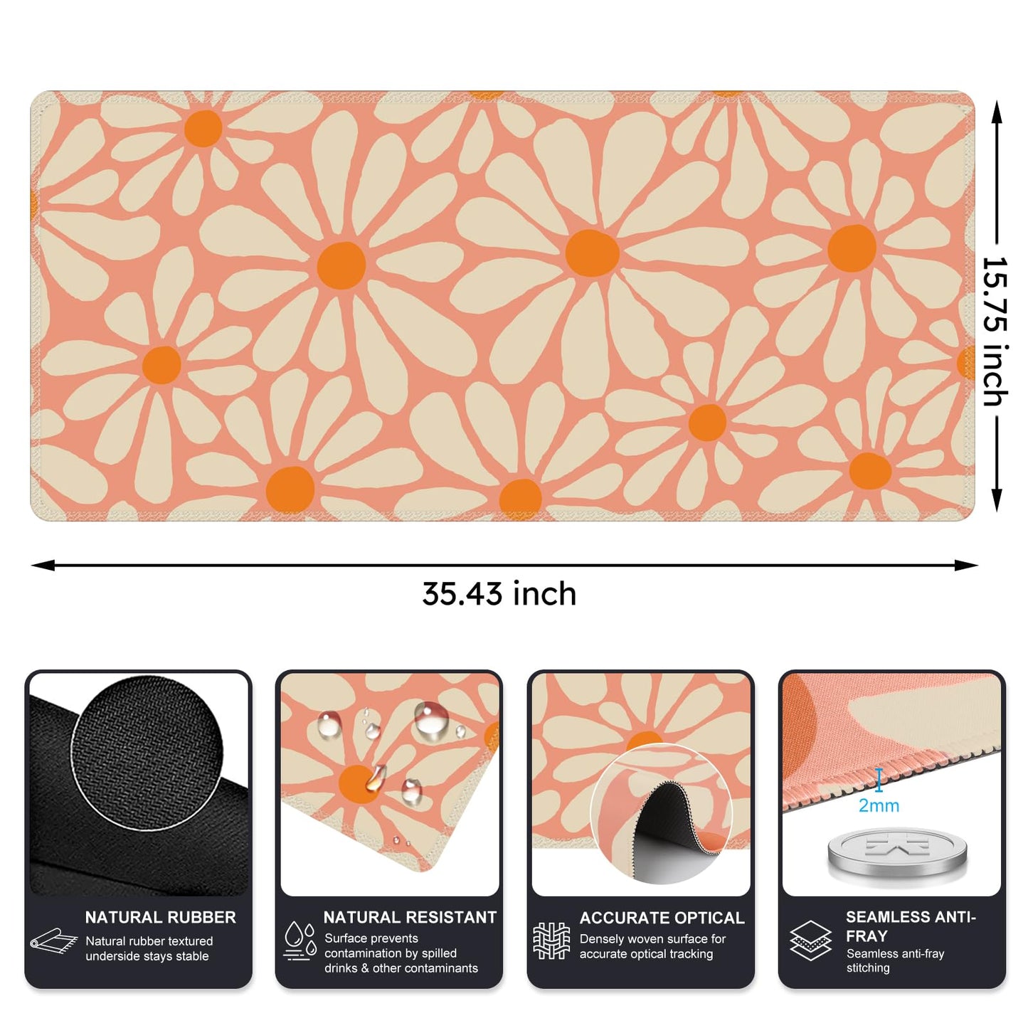 iCasso Desk Mat, Desk Matt for Desktop, Cute Desk Pad Mat, XXL Large Mouse Pad for Desk, Anti-Slip Big Mousepad with Stitched Edges, Keyboard Pad Mouse Mat for Computer, Work, Gaming (Orange Floral)