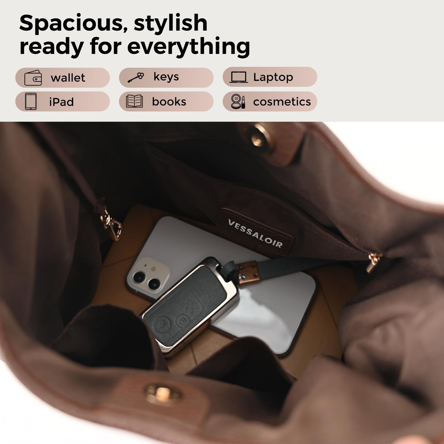 VESSALOIR Hobo Bags for Women, Slouchy Shoulder Bag for Women, Coffee Brown Handbag in Vegan Leather with Matching Zip Pouch, Magnetic Snap Closure, Built-In Key Leash