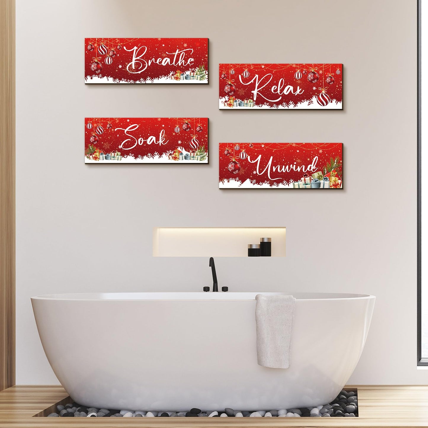 Huwena 4 Pcs Winter Bathroom Wall Decor Winter Wooden Decor Relax Soak Breathe Unwind Art Hanging Wall Pediments Rustic Xmas Wooden Sign for Xmas Home Living Room Laundry Spa(Ball)
