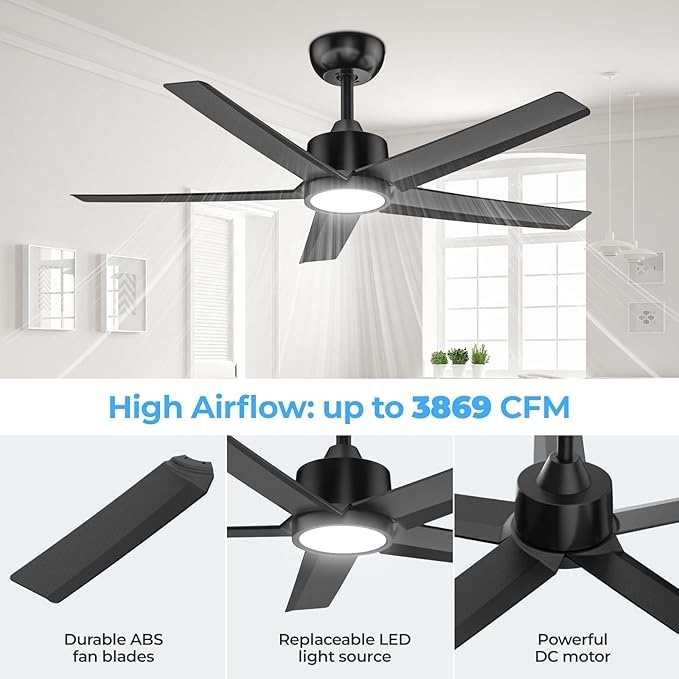 ocioc Ceiling Fans with Lights and Remote,44 Inch Black Ceiling Fan with Nightlight,6 Speeds,3000–6500K Dimmable,Quiet Reversible DC Motor,Modern Ceiling Fan for Bedroom Living Room Patio