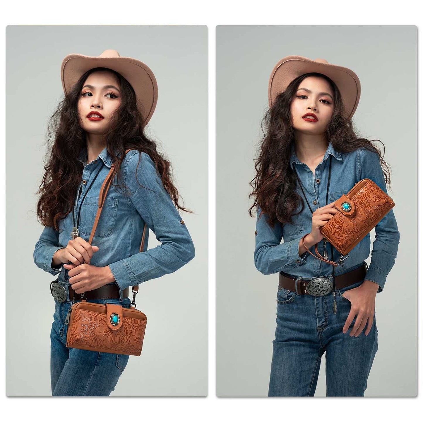 LAVAWA Women's Crossbody Handbag Small Vintage, Ladies Wallet Western Adjustable Phone Purse Clutch Turquoise Concho Embossed