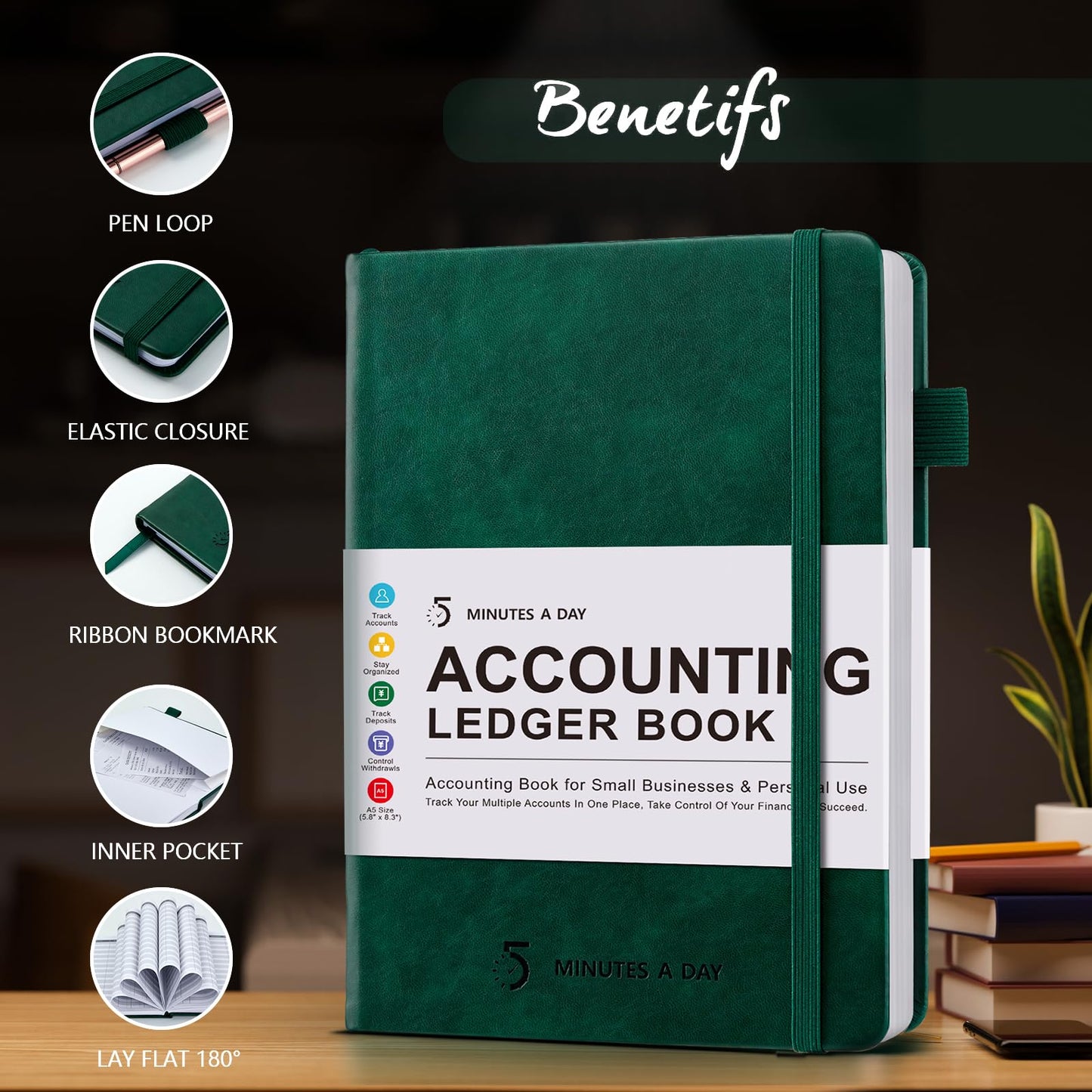 5 MINUTES A DAY Accounting Ledger Book: Business Expense Tracker Notebook - Personal Finance Checkbook for Small Business or Personal Use – Simple Ledger Books for Bookkeeping - Dark Green,5.8” x 8.5”