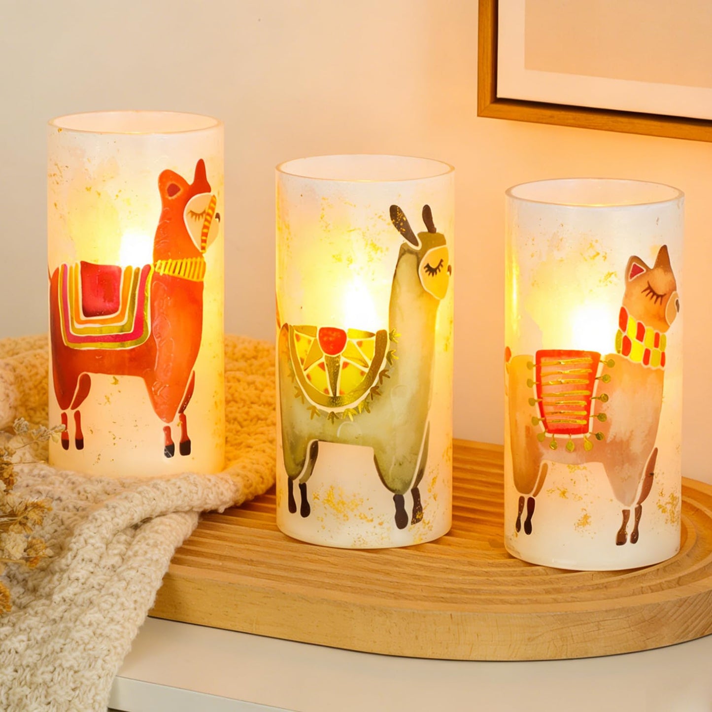 FLAVCHARM Set of 3 Glass Flameless Candles Alpaca Llama Decor Battery Operated Flickering Pillar LED Candle for Home Decor Party Festival Christmas Indoor Decorations