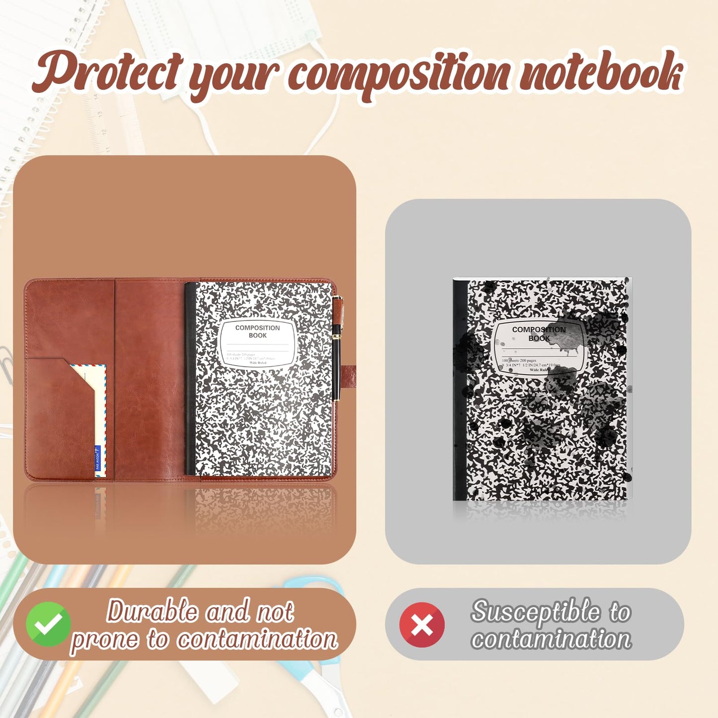 PU Leather Composition Notebook Cover 9 3/4 X 7 1/2 in with Composition Book 100 Sheets Vintage Rustic Distressed Leather Journal Notebook Cover Portfolio for School Office Home (Brown)