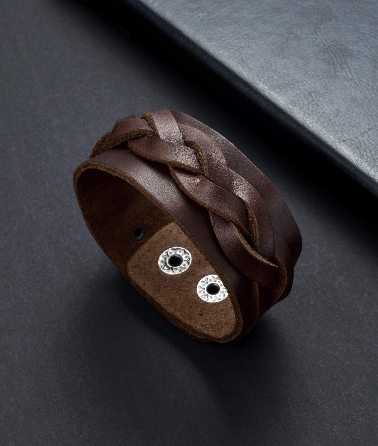 Tornito 3Pcs Genuine Leather Bracelet Braided Biker Cuff Strap Punk Wide Belt Bangle Wristband For Women Men Black Brown Size Adjustable