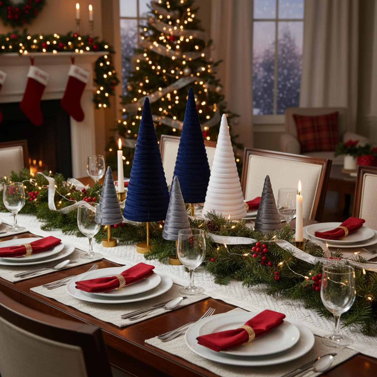 Hoolerry 6 Pcs Christmas Velvet Trees with Gold Pedestal Christmas Velvet Cones Tree Mantel Decor Modern Rustic Winter Home Minimalist for Holiday Entryway Table Wedding Centerpiece(Dusty Blue)