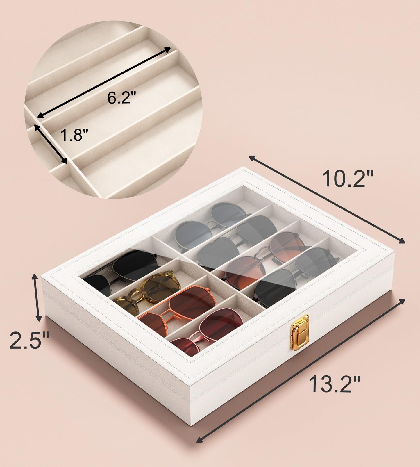 NEWLOOP Sunglass Organizer for Women Men - Multiple Pair of Sunglasses Storage Box Eye Glass Watch Leather Display Case with 10 Slots White