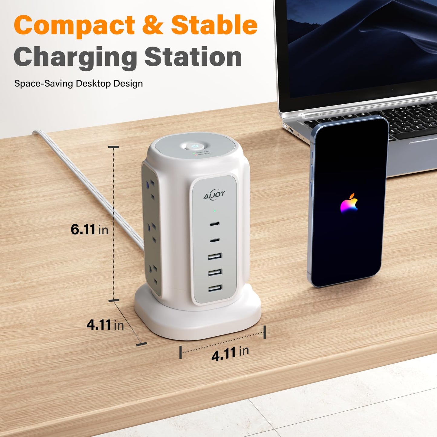 AiJoy Flat Plug Power Strip Tower 9 Outlets and 5 USB Ports (2 USB-C), 1200J Surge Protection, 6.5ft 1625W Extension Cord Charging Station for Home, Office Supplies, Dorm Essentials
