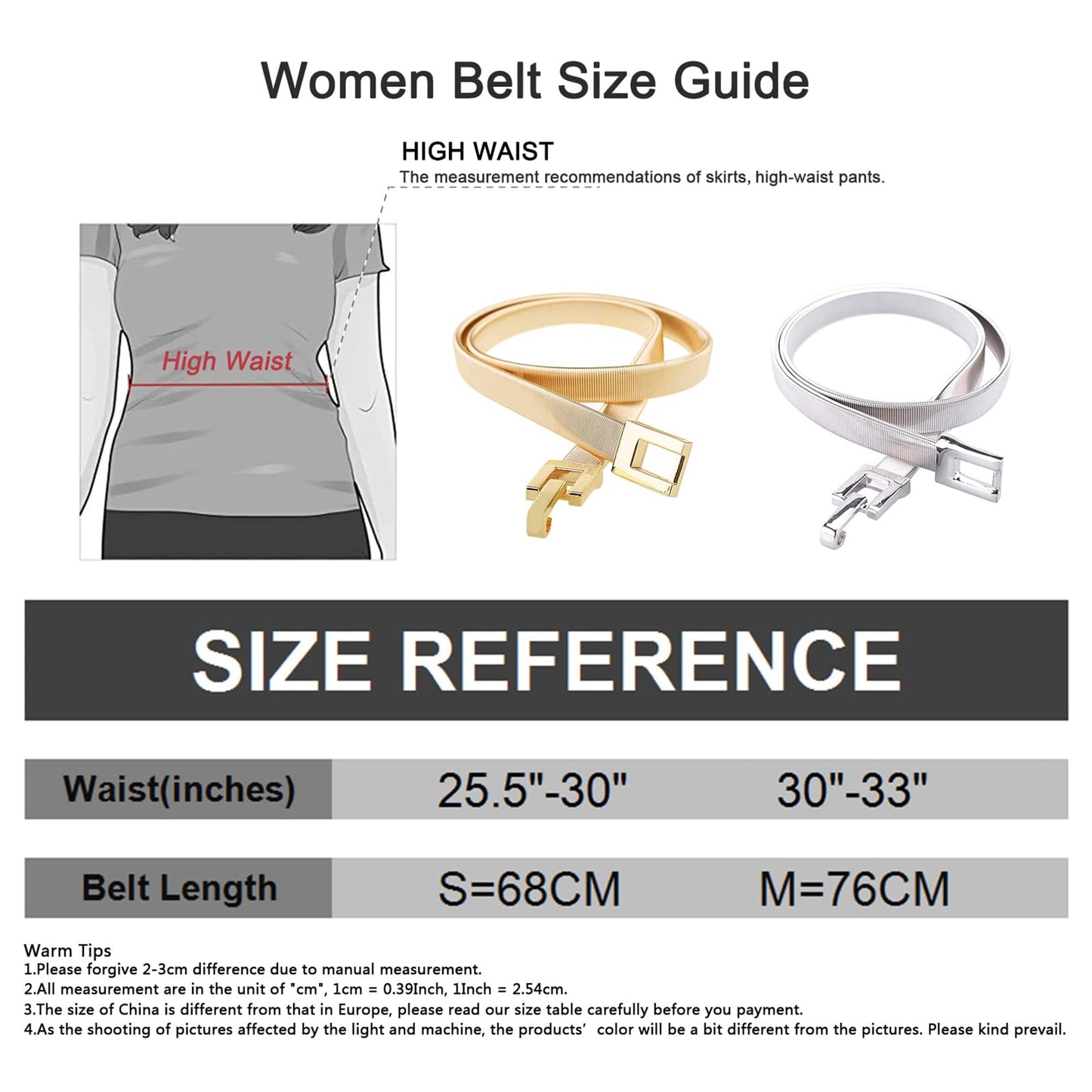 Tanpie 2 Pack Skinny Waist Belt of Women Elastic Metal Stretch Chain Belt Gold&Silver Small
