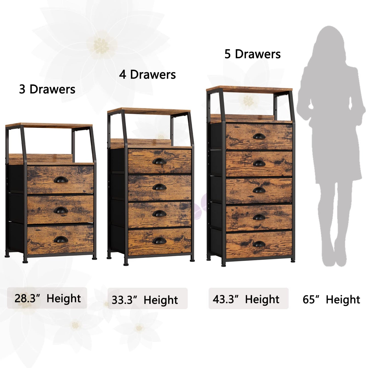 Furnulem Tall 5 Drawers Dresser, Vertical Storage Tower Fabric Dresser for Bedroom, Hallway, Entryway, Nursery, Closet Organizer, Nightstand Bedside Table Furniture, Sturdy Steel Frame, Wood Top