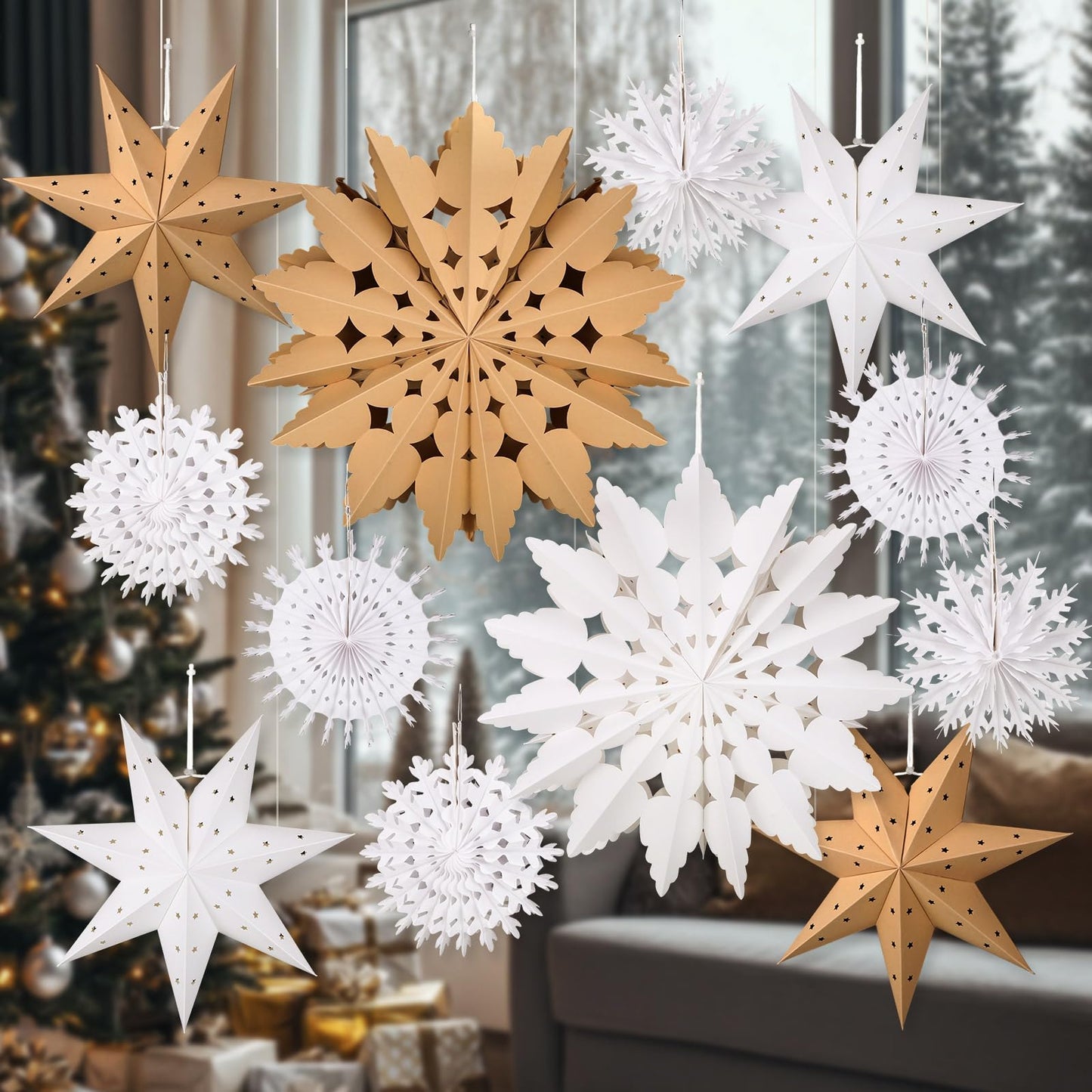Glooglitter 12 Pcs Paper Star Lantern 3D Christmas Paper Snowflake Lanterns White Hanging Lamp Ornaments for Xmas Tree New Year Holiday Party Decorations(White, Kraft)