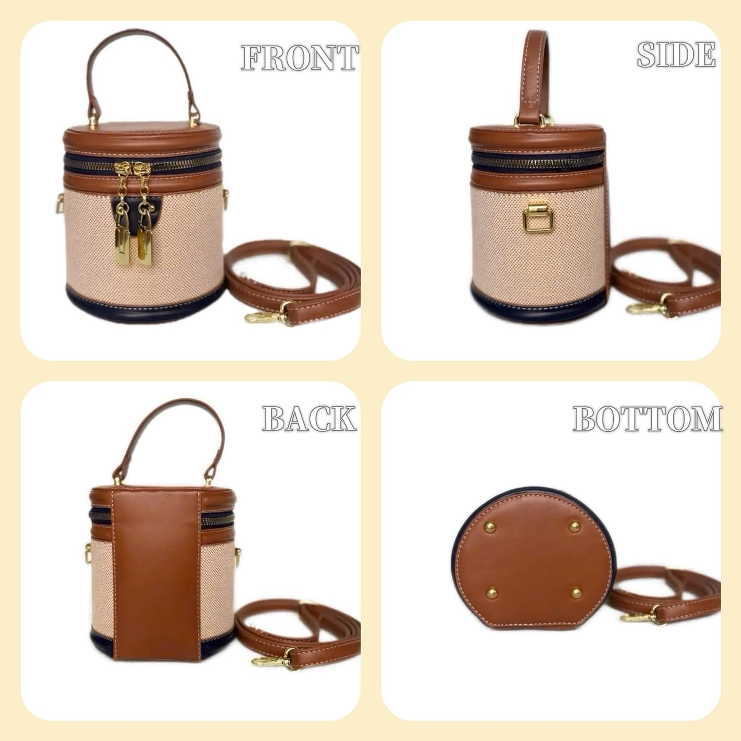 QsicTaco Retro Bucket Bag Color Contrast Cylinder Purse Senior Sense Style Single Shoulder Crossbody Handbag with Zipper (Brown)
