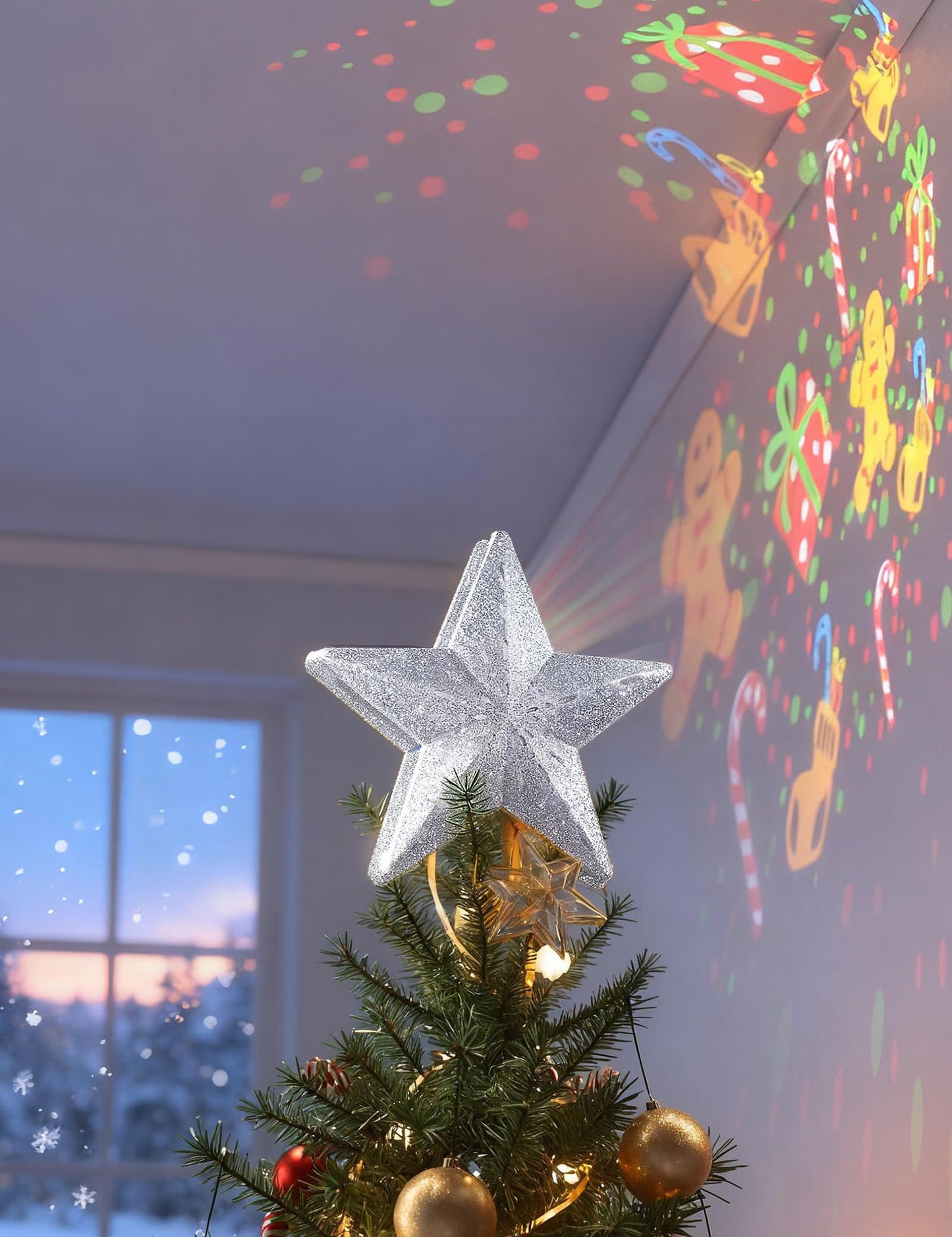 DG-Direct Christmas Tree Topper Lighted Star with 6 Projected Patterns,3D Hollow Sparkling Star Christmas Tree Topper with Rotating Magic Projector for Christmas Tree Ornament