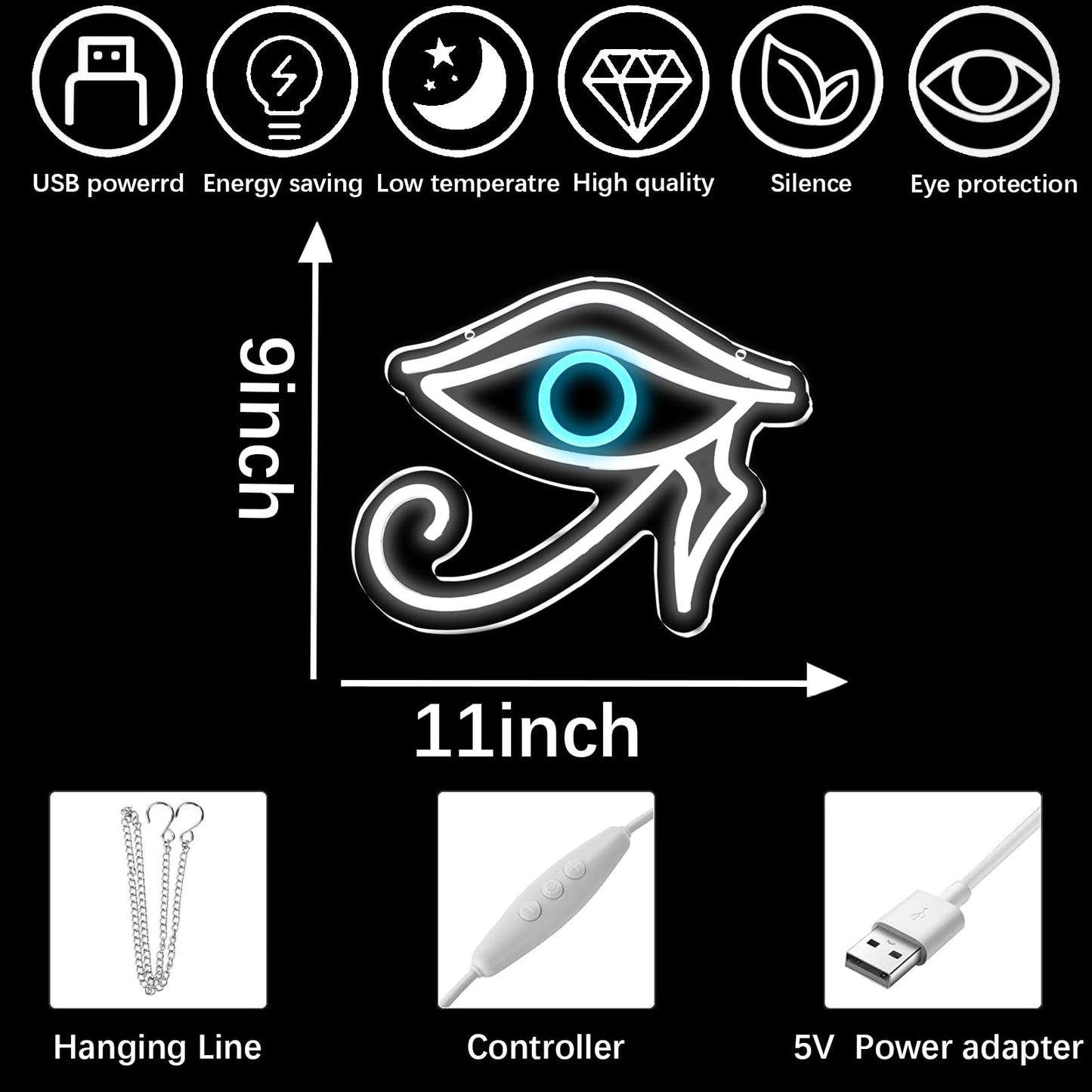 MOERBENCHI Eyes Neon of Horus Sign Evil Eye Neon Sign for Wall Decor, USB Dimmable LED Light for Game Room Bedroom Man Cave Bar Birthday Party Decoration Christmas Gifts(11 * 9inch)