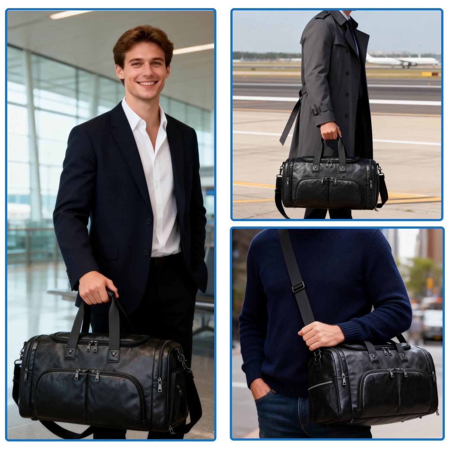 Leather Travel Duffle Bags for Men Women, Weekender Overnight Bag with Shoe Compartment Waterproof Carry on Duffle Bags for Airplanes Gym Sport Business Bag