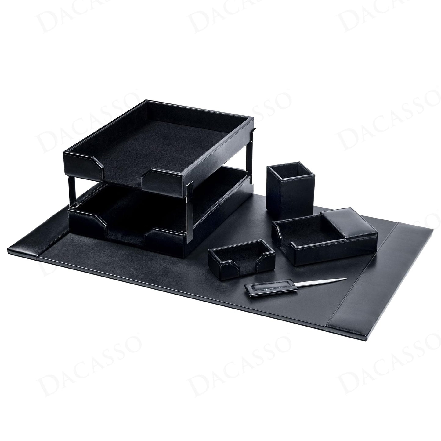 Dacasso Black Bonded Leather 8-Piece Desk Accessory Set - Organization Essentials & Executive Decor - Luxury Leather Blotter for Office Organization