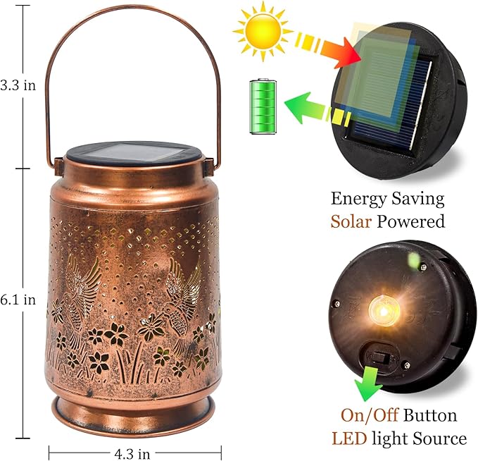 2 Pack Solar Lanterns Outdoor Waterproof Hummingbird Lantern Garden Decor Birthday Gifts for Women Mom Grandma Hanging Solar Lights Metal Decoration for Yard, Patio, Backyard, Porch