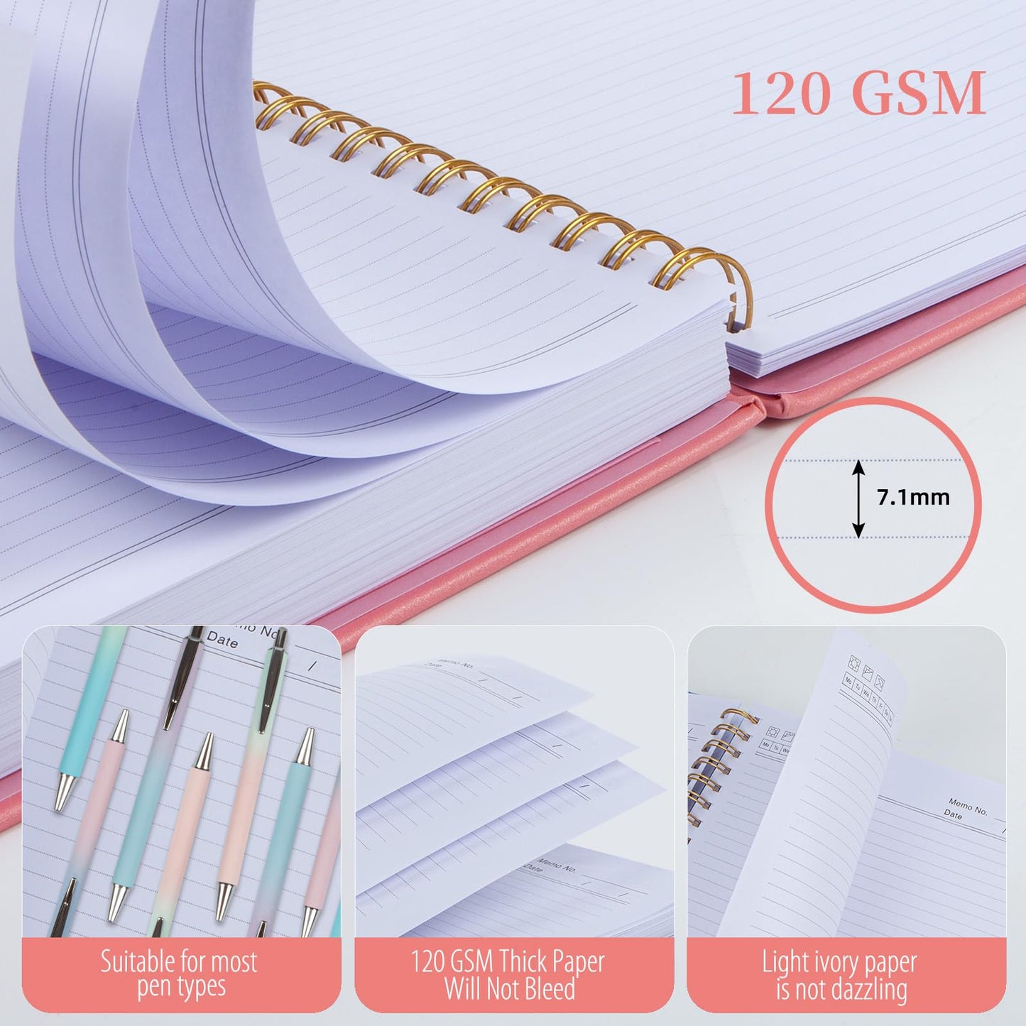 Kutoda Lined Spiral Notebooks for Work, 300 Pages Leather 8.5 * 11 College Ruled journals for Writing, Hardcover Notebooks for Note Taking, Perfect for Office Home School Supplies(Pink)