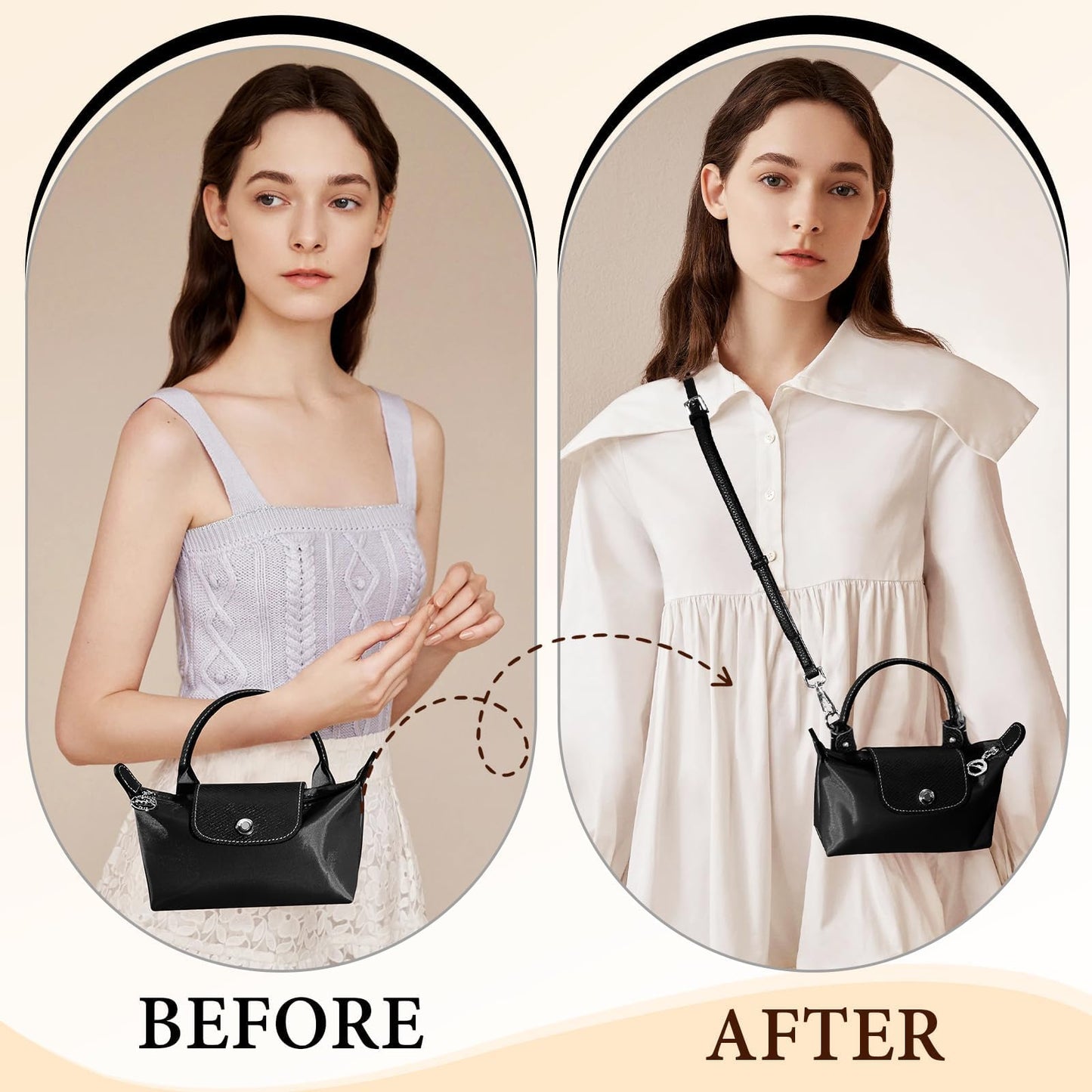 Gripooaven Mini Bag Strap Kit for Longchamp Black, Adjustable Leather Crossbody Shoulder Strap for Small Pouches, Purses and Handbags (Black Silver)