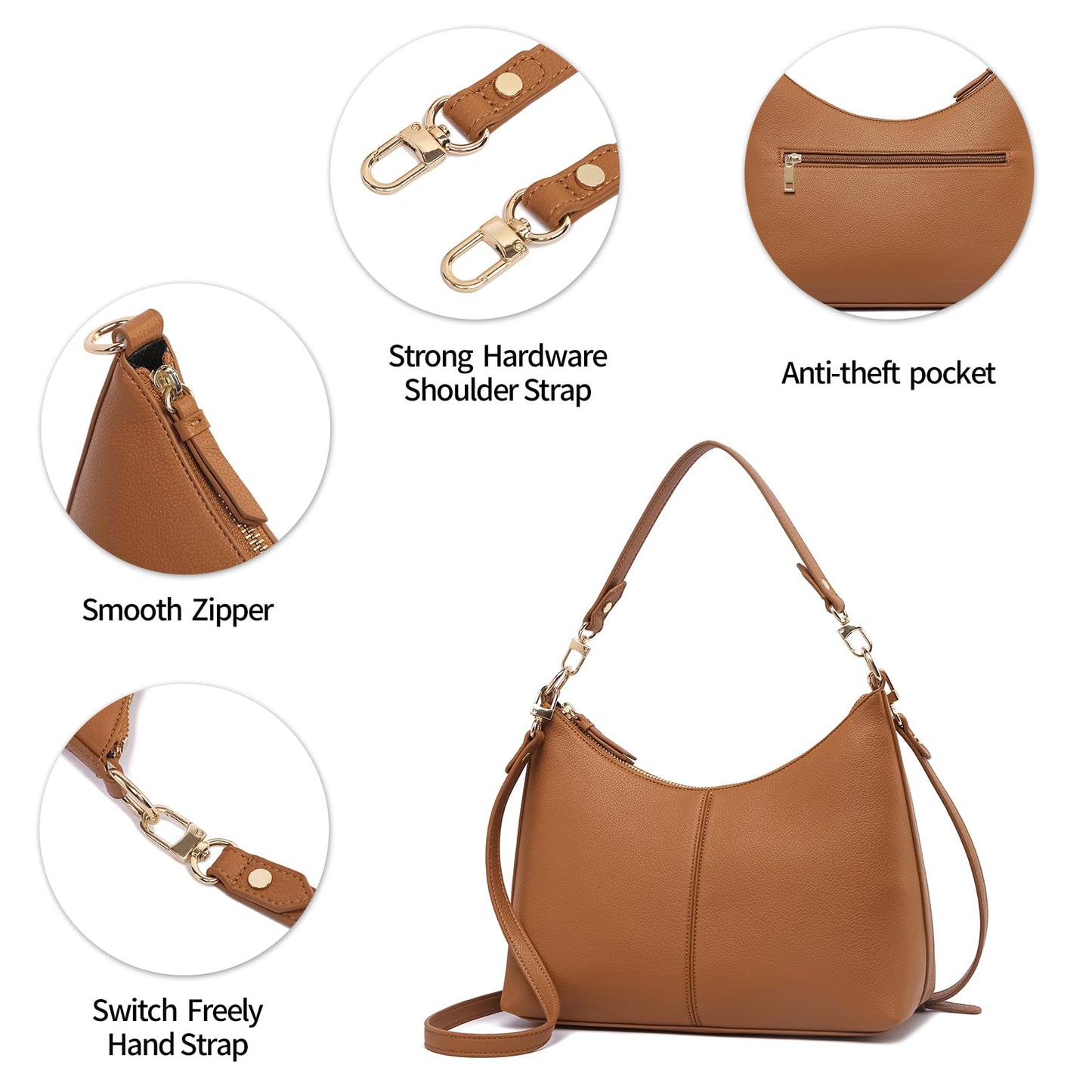 Keyli shoulder bag for women Small Tote Handbags Purse Trendy Zip Leather Crossbody Bags with Adjustable Strap Brown
