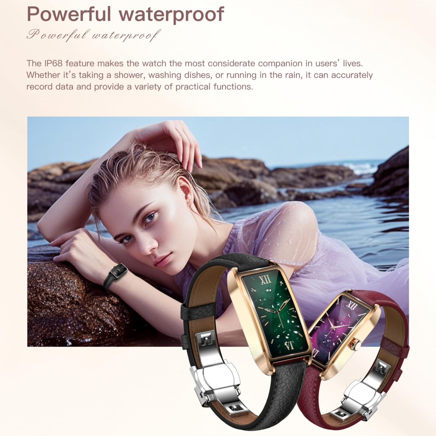 Amoled Laies Smart Watch for Women Smartwatch with Leather Strap Heart Rate Stress Sleep Monitor 12 Sports Modes Fitness Tracker Watch Notifications Music & Camera Control Waterproof iOS Android