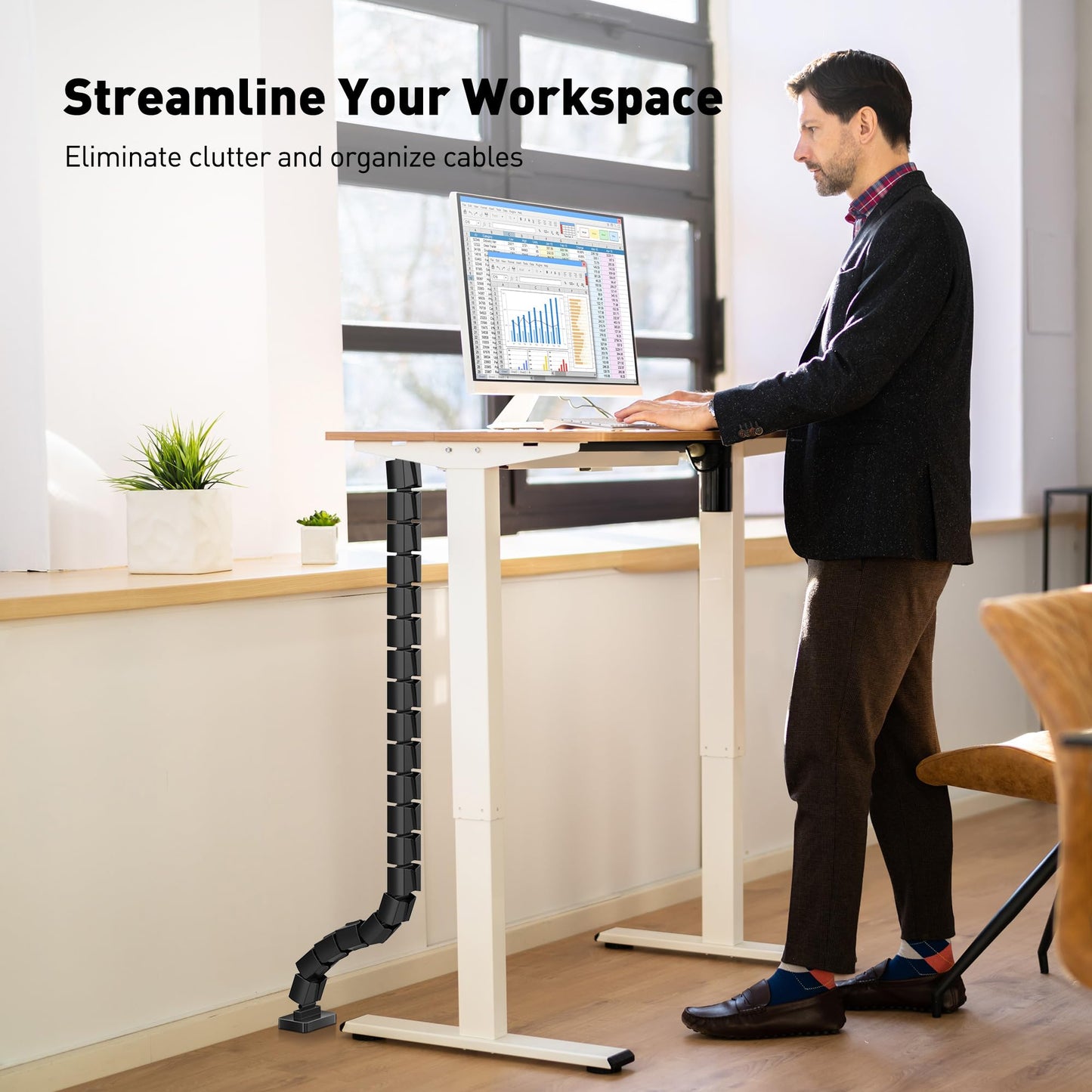 DeskLogics Clamp-On Cable Management Spine, No-Drill Vertebrae Wire Hider for Glass & Wood Standing Desks, Tool-Free Adjustable Desk-to-Floor Cord Organizer Snake with Non-Scratch Silicone Padding