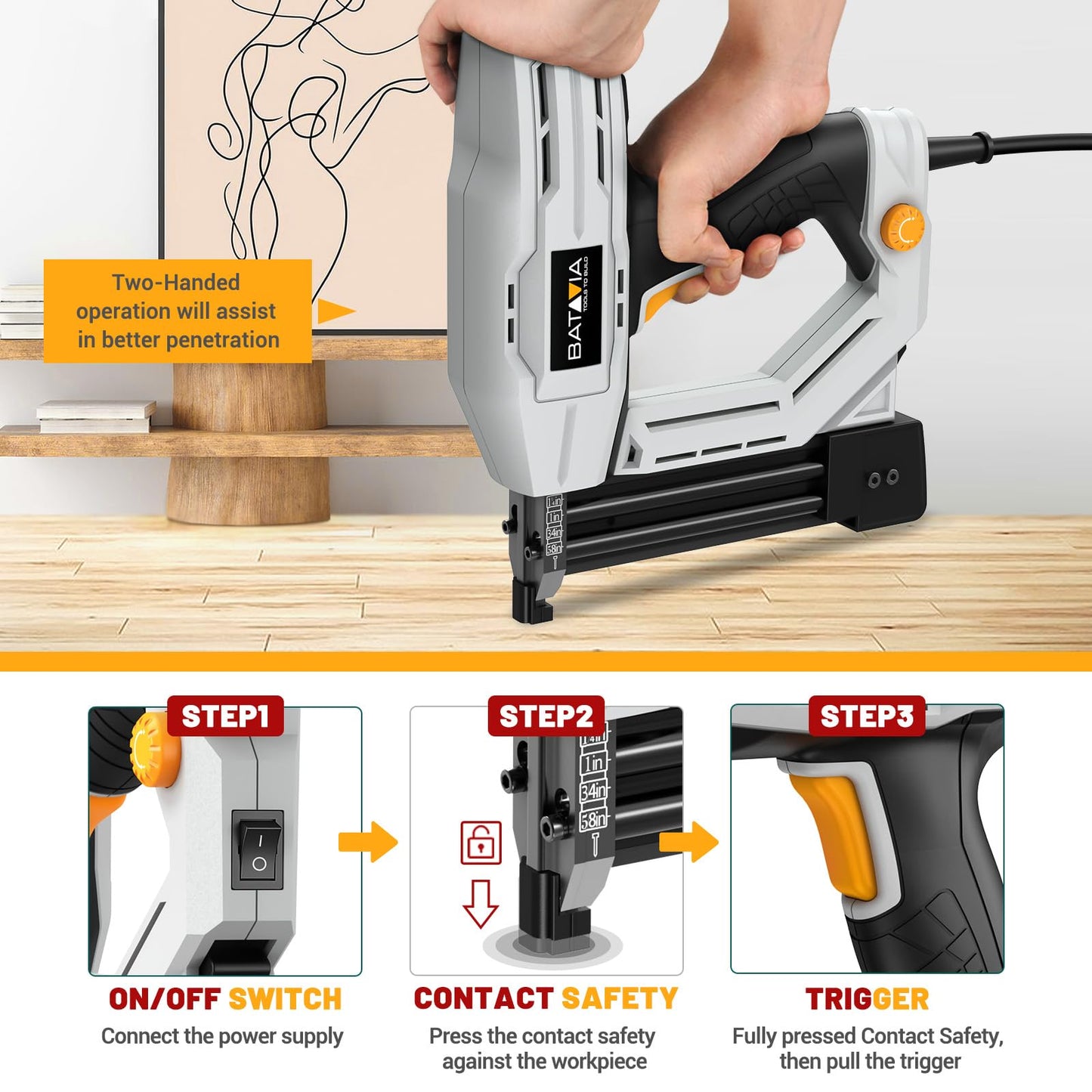 Electric Nail Gun, Batavia 2-in-1 Staple Gun Brad Nailer 18 Gauge for Heavy Duty, 120V Stapler Gun for Upholstery, Carpentry, DIY, 1/4'' Narrow Crown Staples 200pcs and Nails 800pcs Included