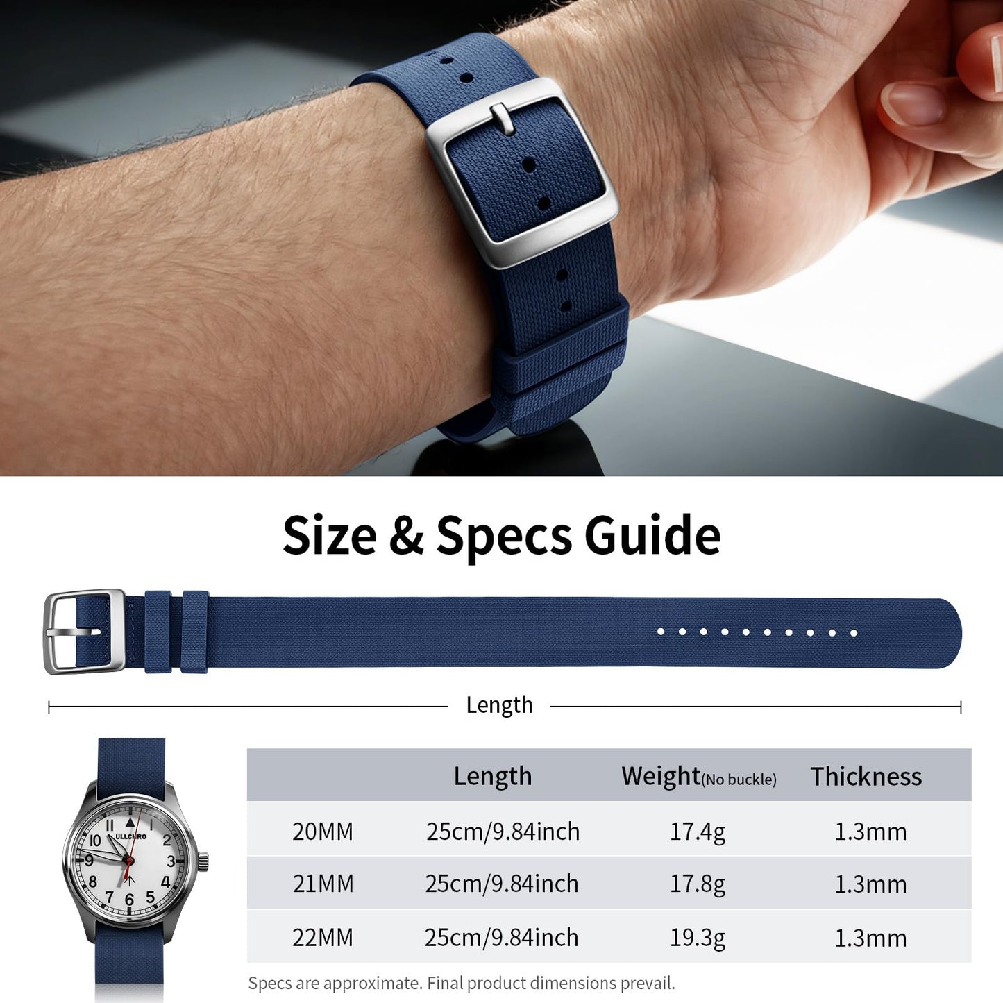 ULLCHRO Watch Strap FKM Rubber Watch Strap 20mm Waterproof Silicone Replacement Band 22mm, Soft Rubber for Man Watch Band (20mm, Navy Blue)
